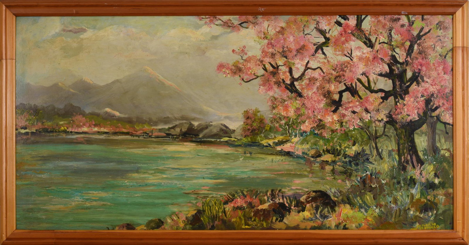 Painting of Mount Fuji by Mildred Montillo.: Oil on board, 24 x 48 inches, framed.