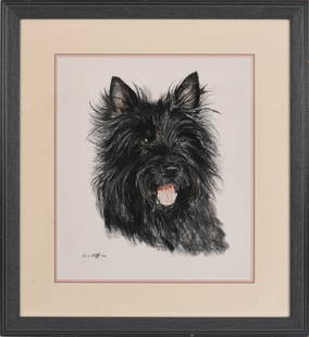 20th Century Mixed Media Painting Portrait of a Dog.: Signed LL Ann Wolff 1990. Charcaol and watercolor on paper, 15 x 17 inches, frame 24 x 26 inches.