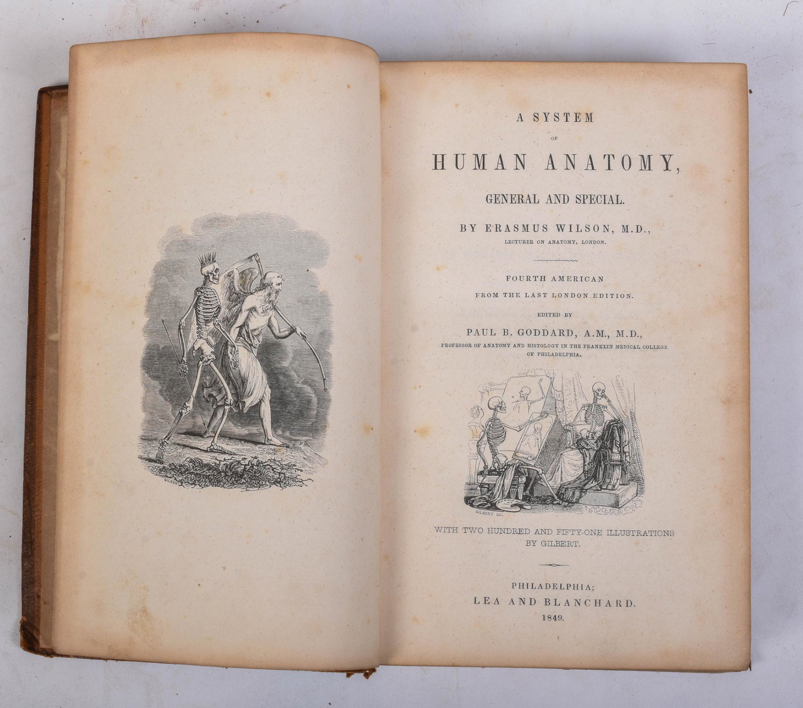 Paul B. Goddard, A System of Human Anatomy, General and Special: 1849, Philadelphia: Lea and Blanchard corners bumped, wear to leather cover along edges, loss to leather on spine at head and tail,