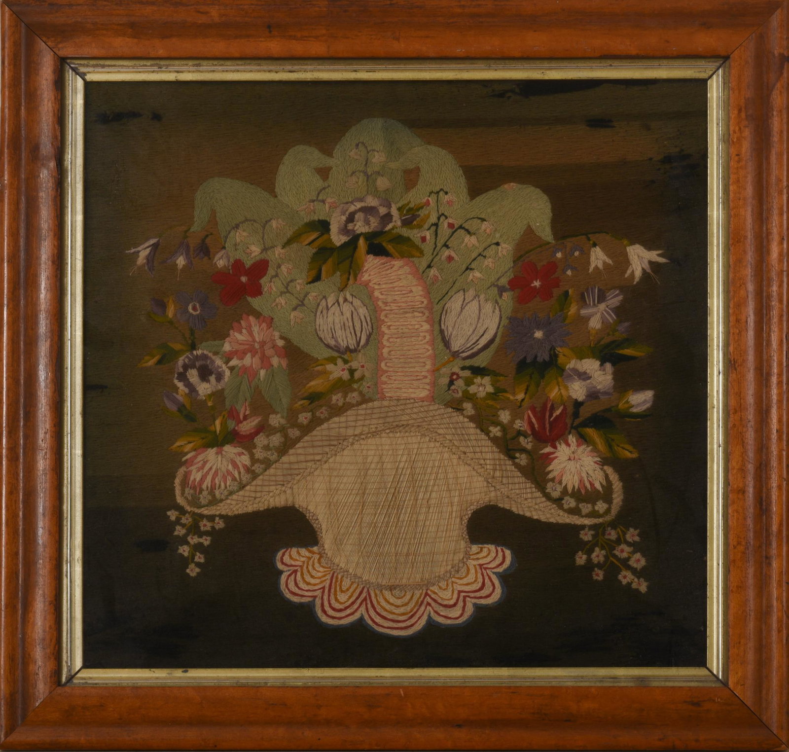 19th Century American Woolwork of a Basket of Flowers.: Framed, 23 x 24 inches.