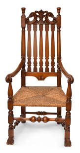 William and Mary Style Bannister Back Arm Chair.: Possibly Wallace Nutting, seat height 17 inches, overall height 49 inches, width 23 inches.