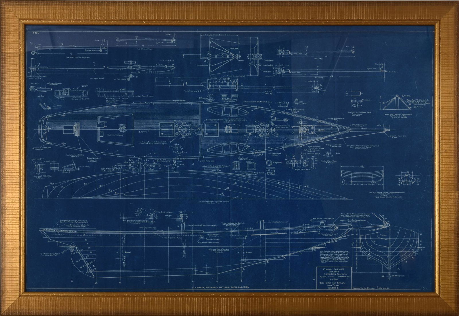 Large Framed Blueprint of a Fishing Schooner (1 of 2)