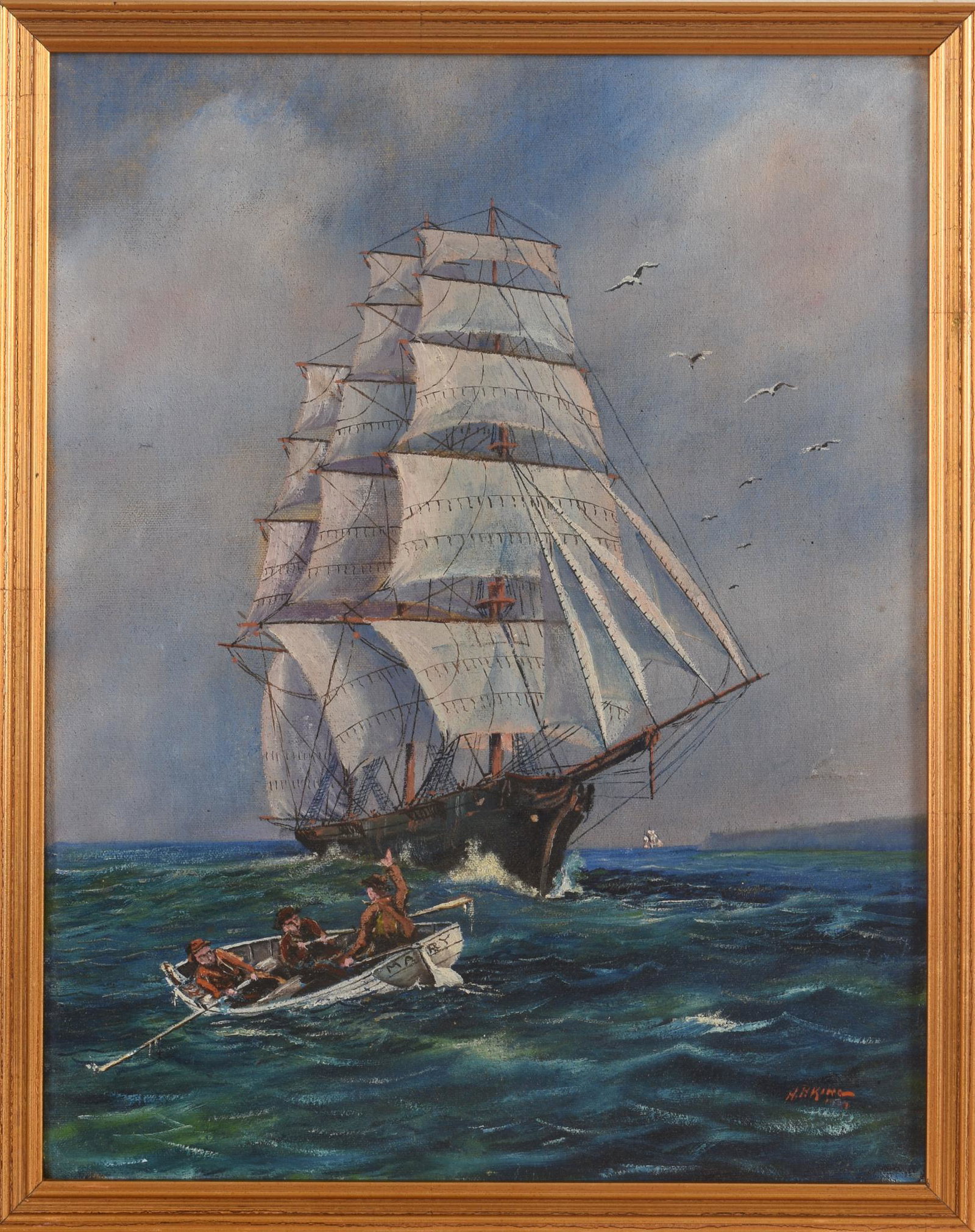 Clipper Ship Under Full Sail Passing Dory With Three Fishermen.: Oil on board, 11.25 x 14.25 inches. Frame 12 x 15 inches. Signed LR. H. H. King