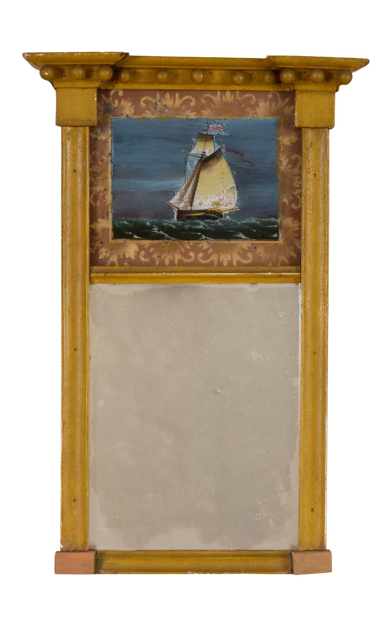 American Federal Mirror With Eglomise Panel of Ship. (1 of 2)