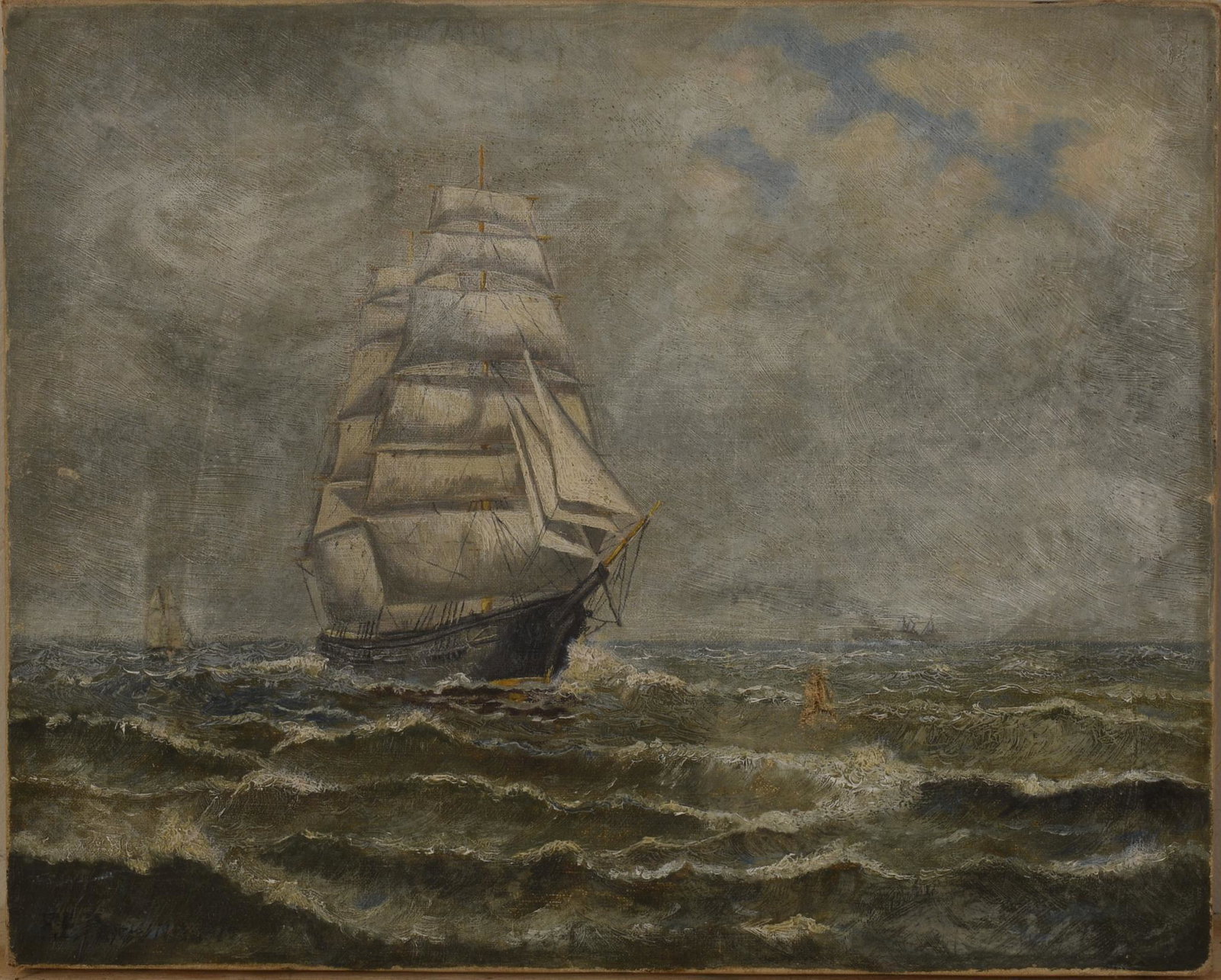 Early 20th Century Painting of a Ship Under Full Sail.: Oil on canvas, 12 x 15 inches, signed indistinctly lower left. Tear center right.