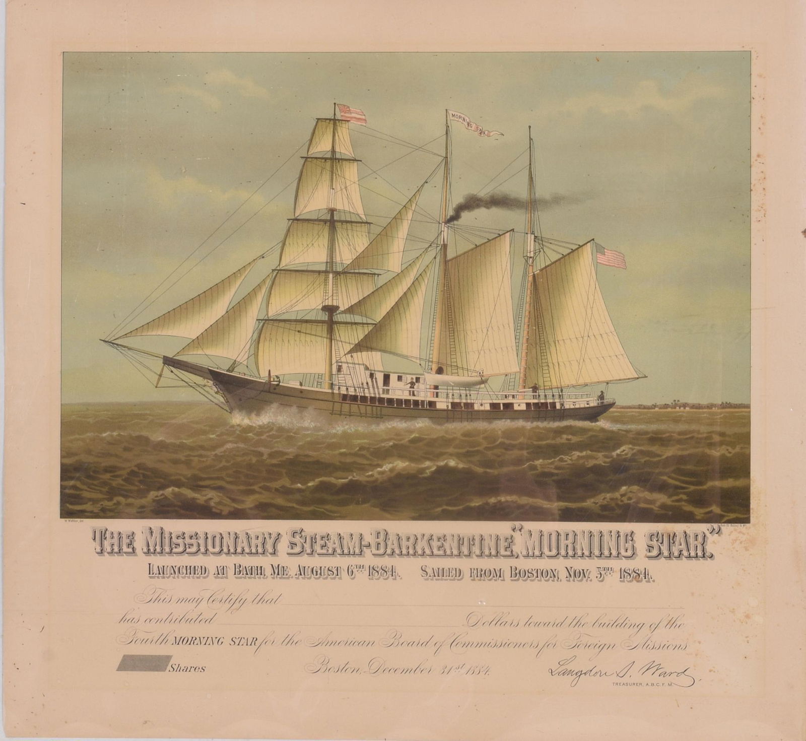 Steam Barkentine "Morning Star." Stock Certificate. (1 of 1)