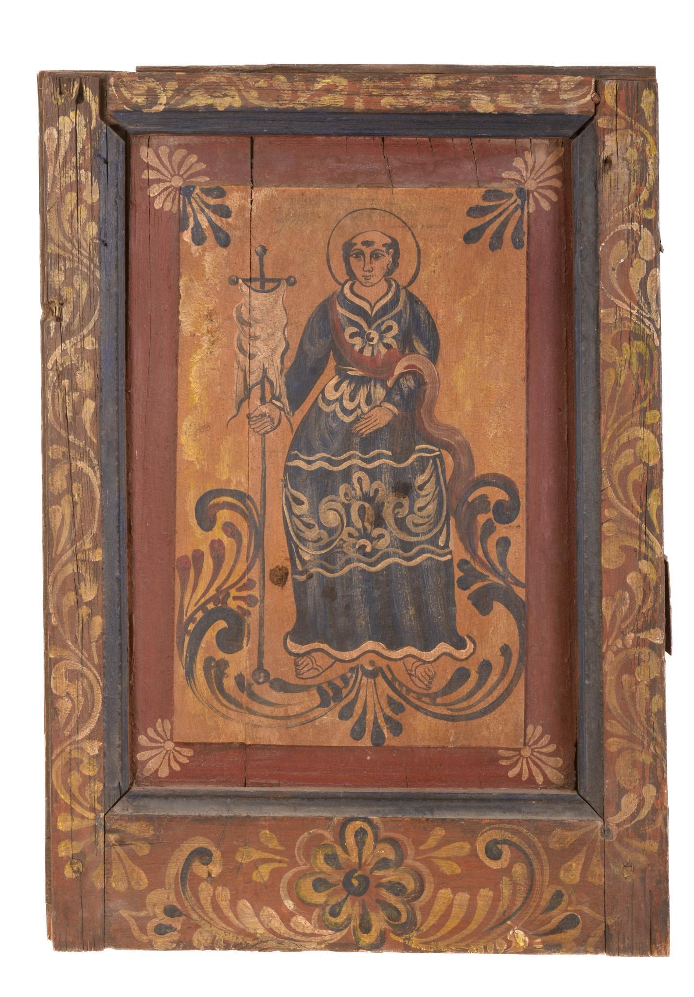 19th Century Retablo On Wooden Door Panel. (1 of 2)