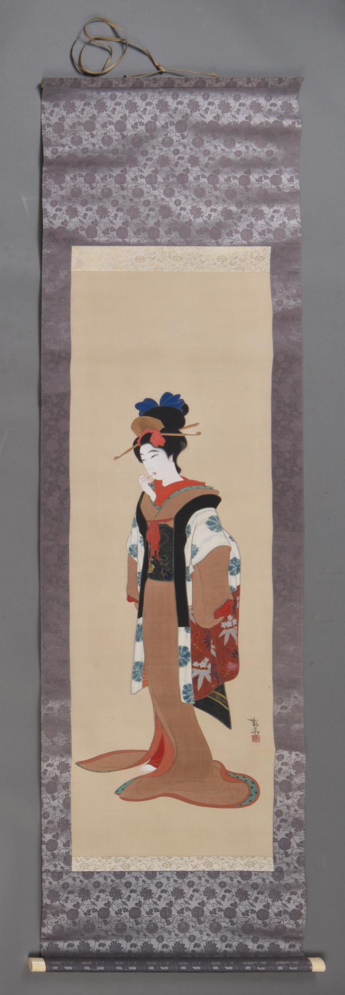 Meiji Period Scroll Painting of a Woman.: Image 48 x 16 inches. In a fitted box, handwritten note "Beautiful Hanging Picture by Kazuma (Meiji Period 1867-1912)