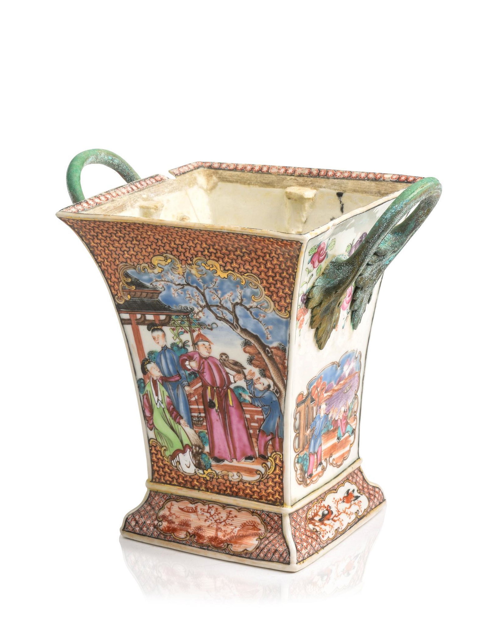 Chinese Mandarin Pattern Bough Pot.: 18th c., ormolu handles, as is. Height 6.5 inches. Cracks and chips, please see photographs.