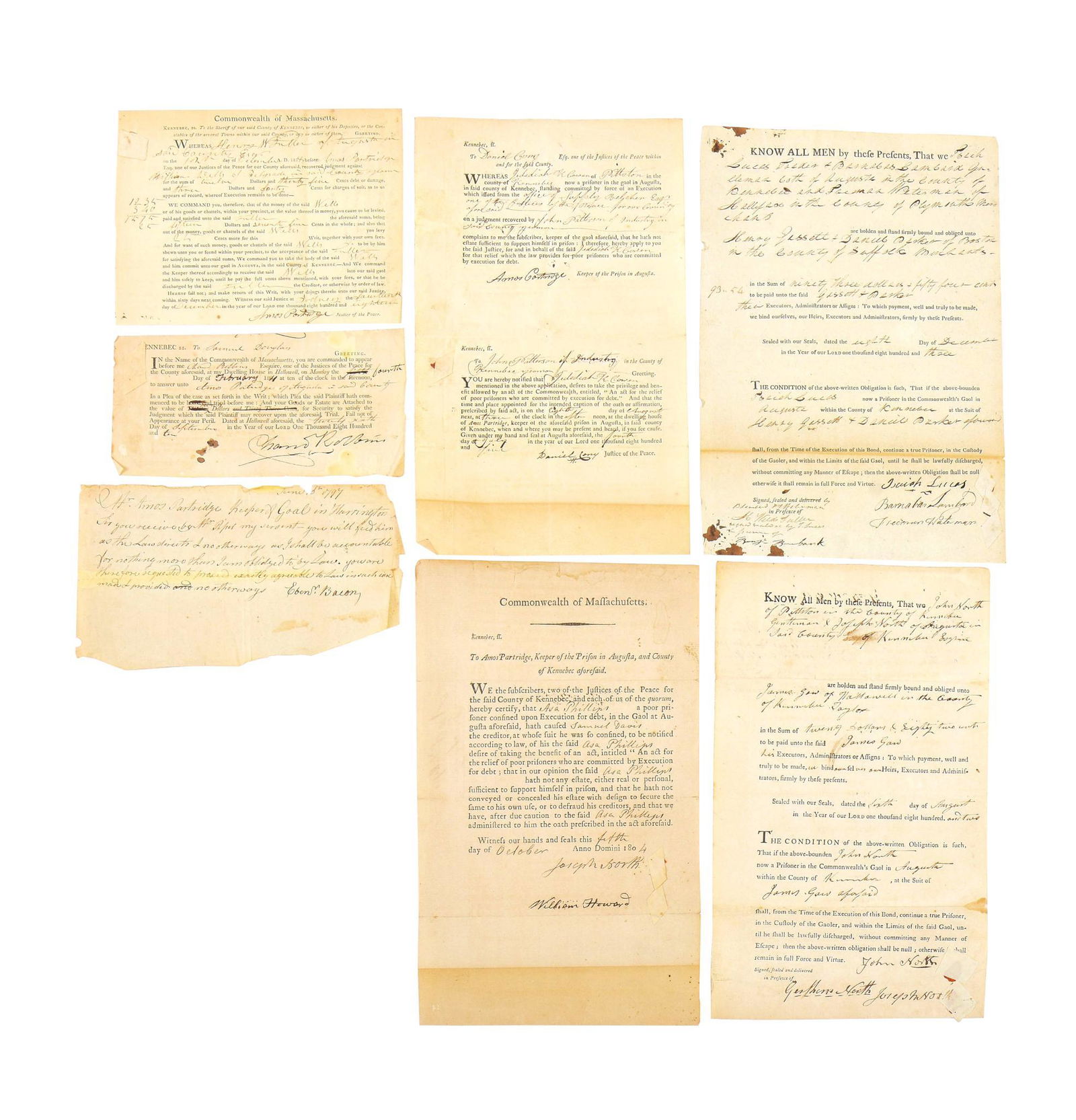 Seven Early Maine Debtors Prison Documents (1 of 2)