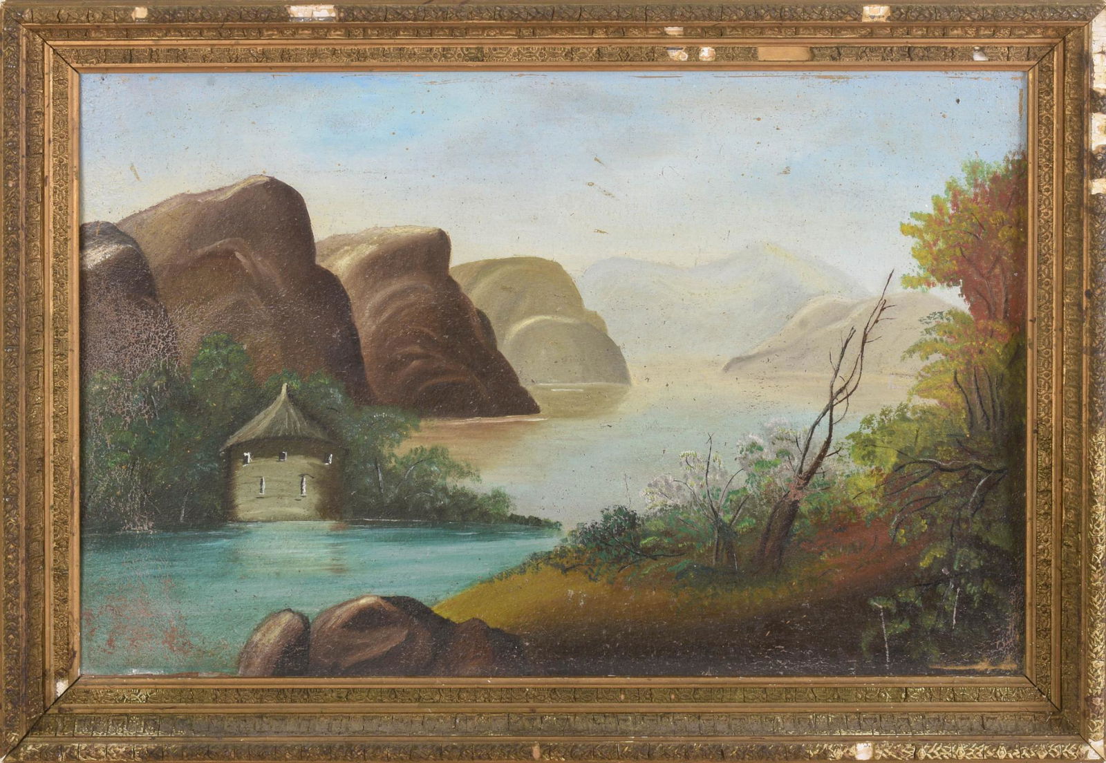 Hudson River Folk Art Painting, School of Thomas Chambers.: Mid 19th c. view of the Hudson Highlands, oil on board, 17 x 26 inches, original frame, warped board and paint loss on left edge, frame loss.