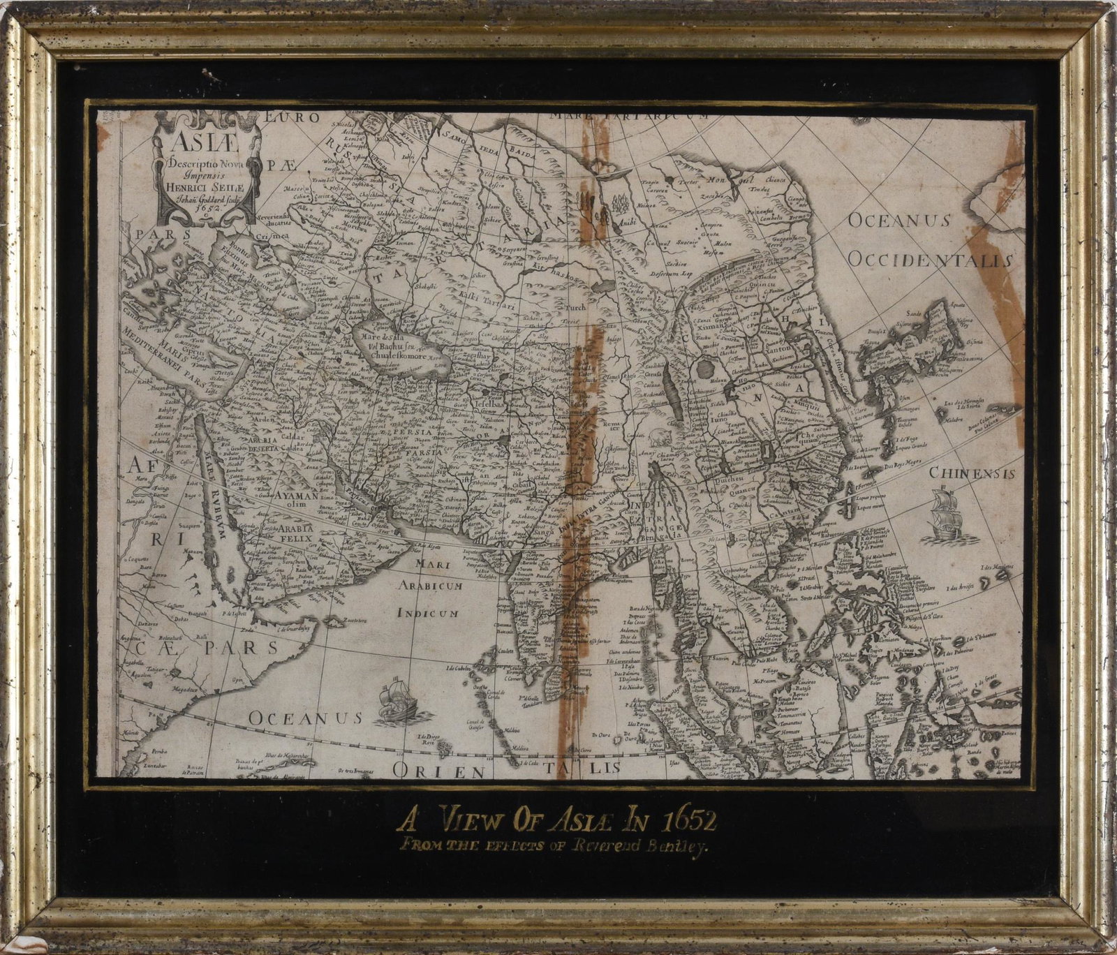 A View of Asia in 1652, Johan Goddard.: In an eglomise mat, inscribed 'A View of Asiae in 1652 / From The Effects of Reverend Bentley." 12.5 x 17.25 inches, sight. In a gilt frame, 17.5 x 20.75 inches. Some water damag to map.