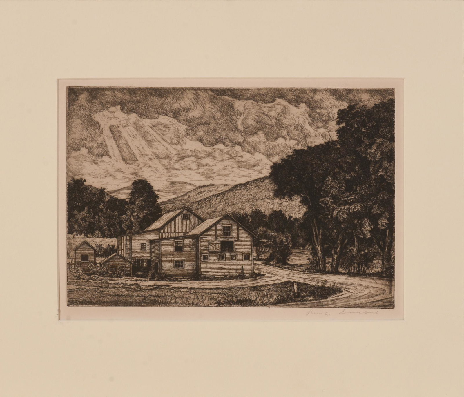 Luigi Lucioni (1900-1988) Sunlight Through The Clouds.: Etching on paper, image 6.5 x 9.75 inches, pencil signed lower right.