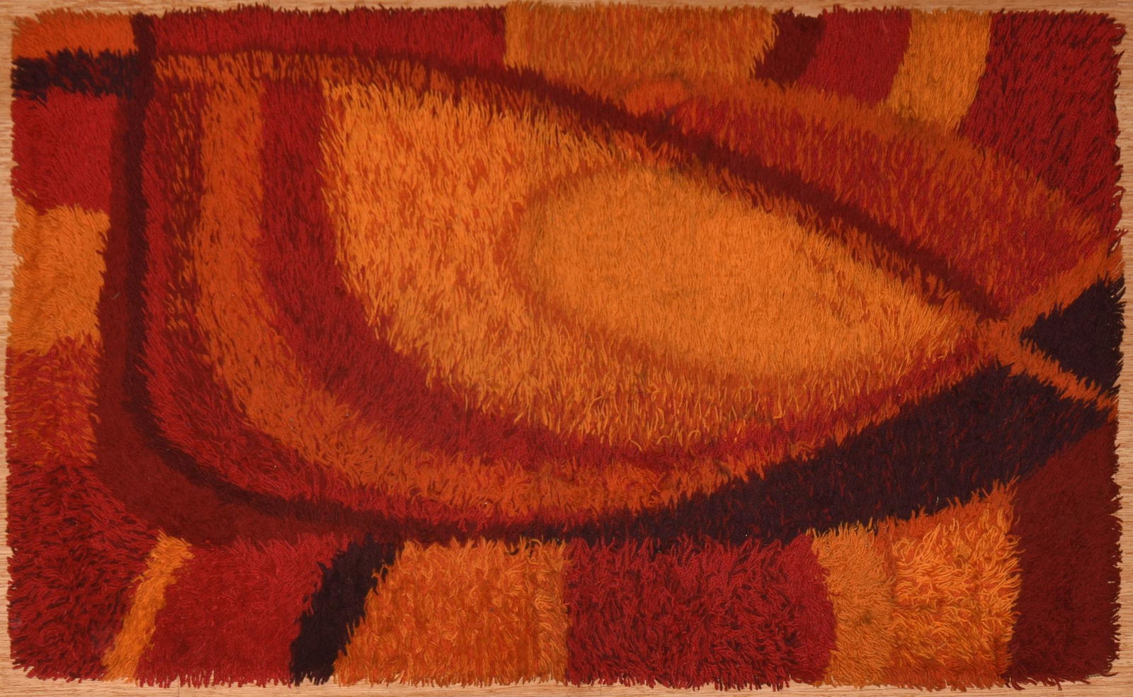 Ege Rya Rug.: Wool shag rug made in Denmark by Scandinavian Folklore Carpets, 1960"s, signed with label on back.