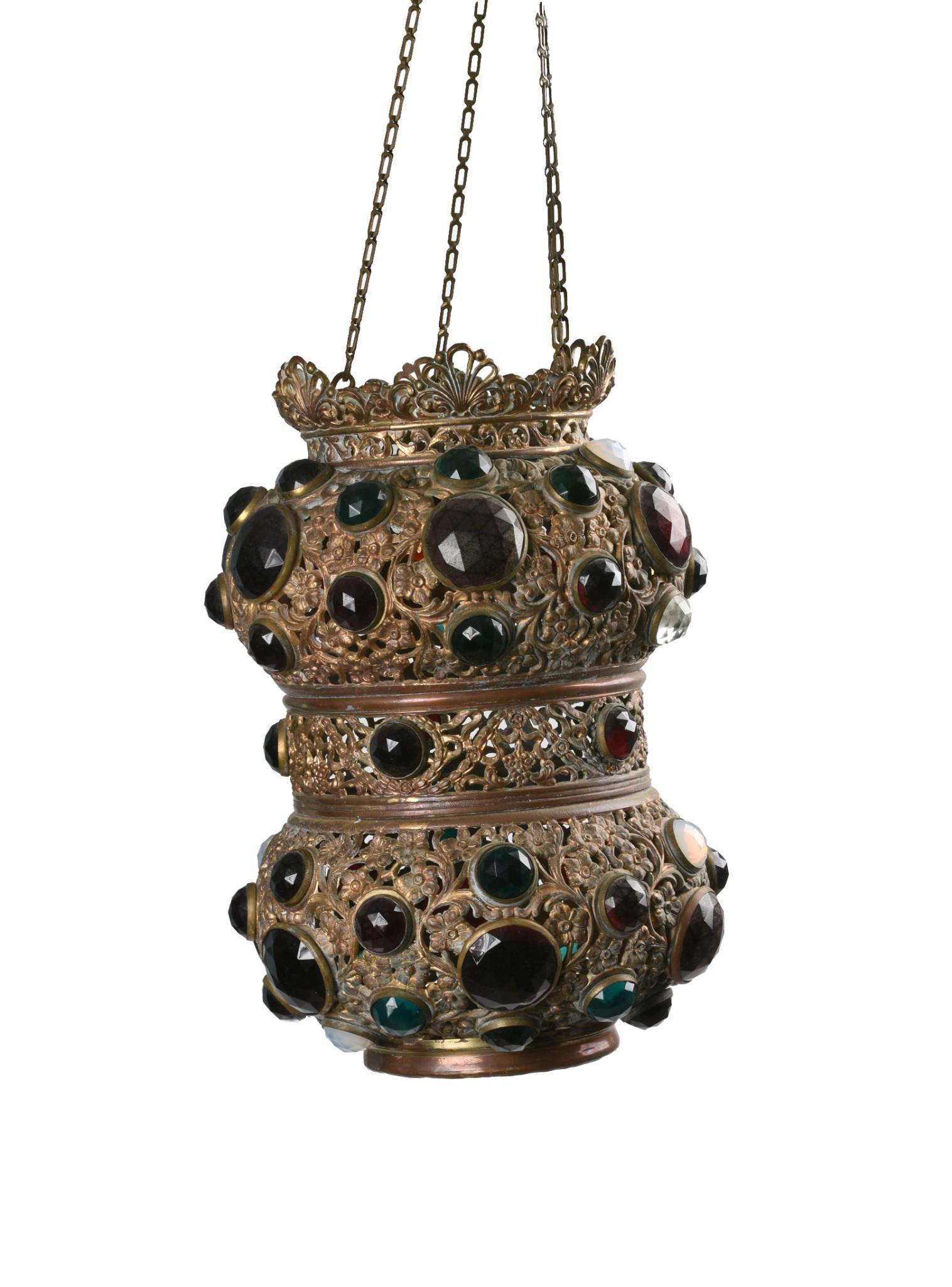 Bohemian Metal and Glass Hanging Lamp.: Height 12 inches. Lamp only, no wiring fixture included.