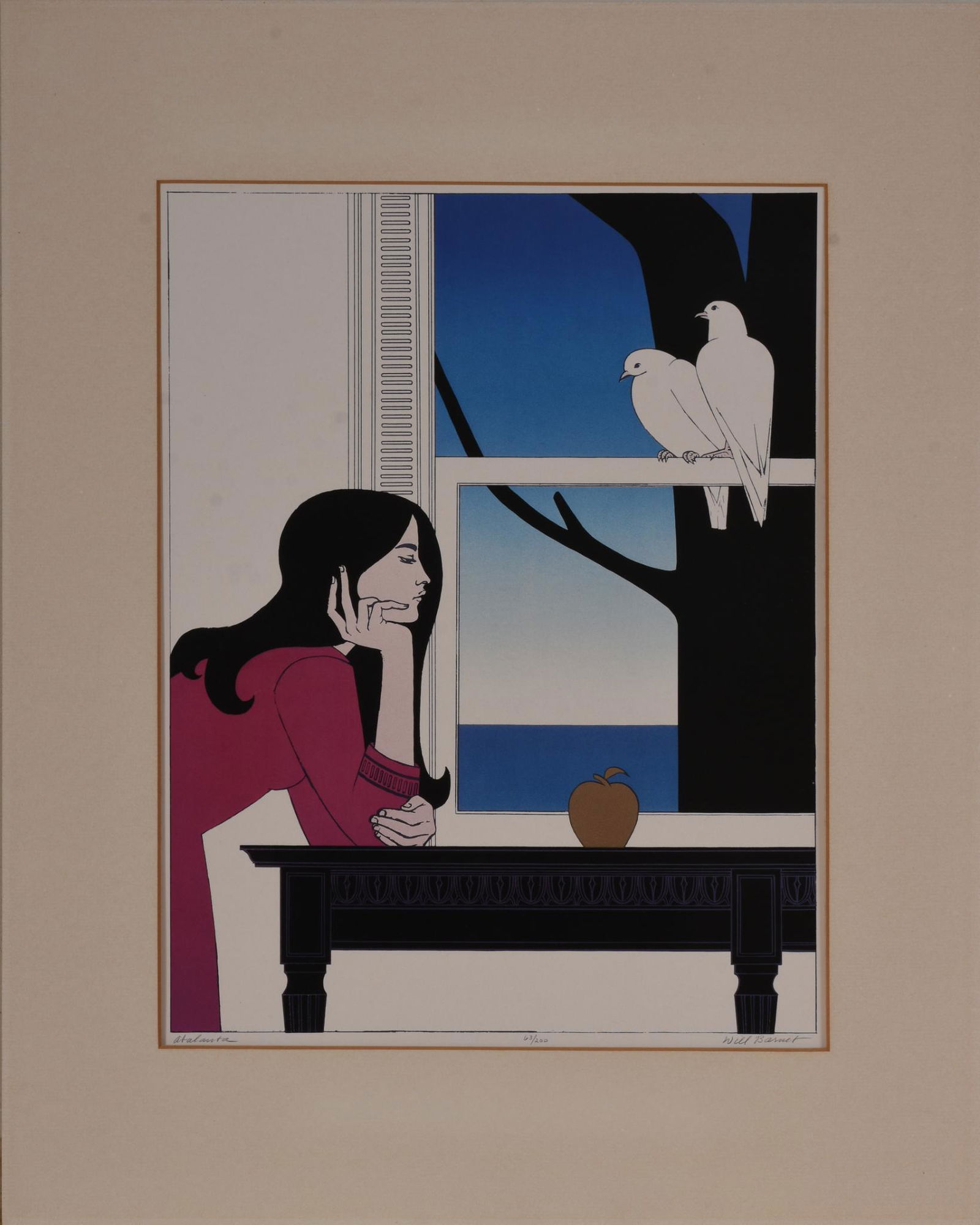 Will Barnett Signed Serigraph, "Woman and White Cat." (1 of 3)