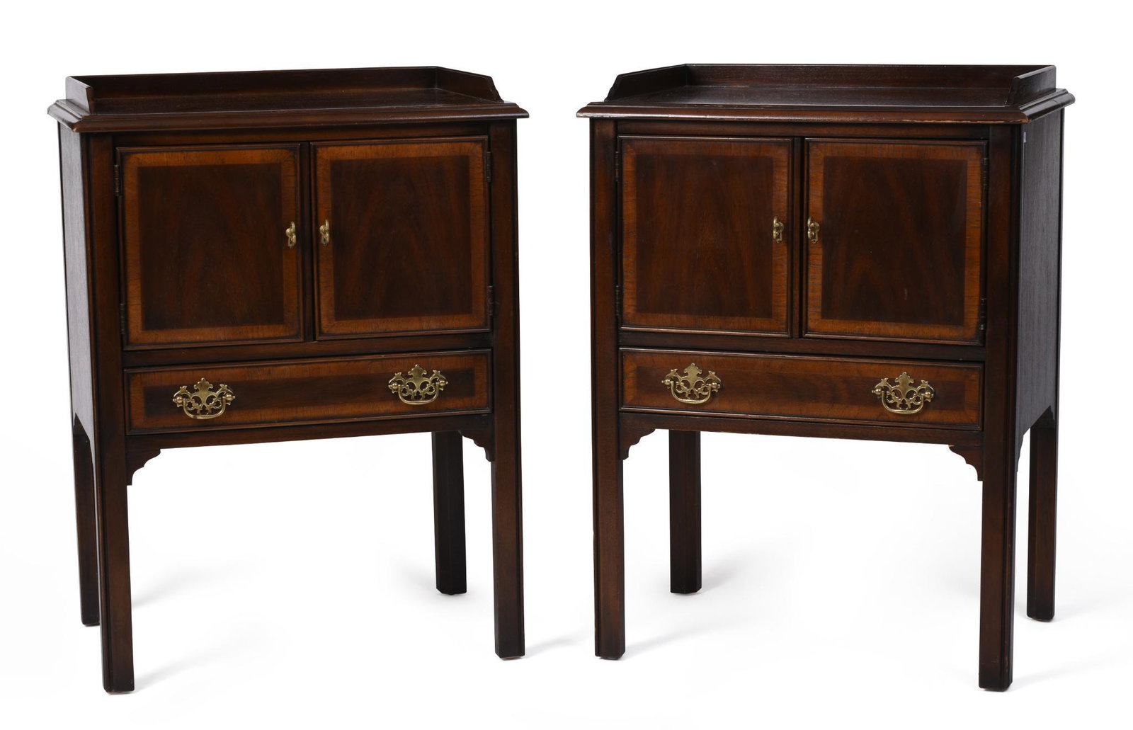 Pair Mahogany Drexel "18th C Classics" Night Stands.: Height 30.75 inches, width 23 inches, depth 16 inches.