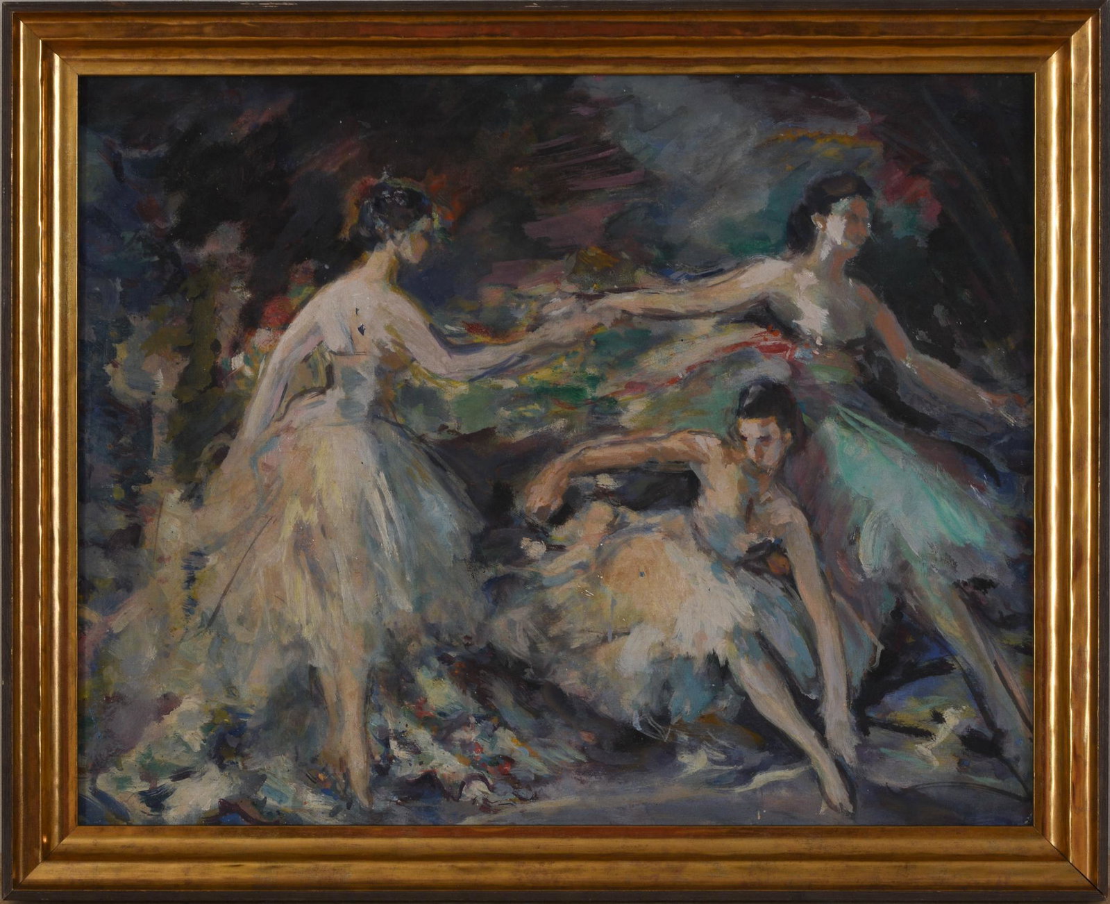 Impressionist Painting of Ballerinas.: Oil on board, 15 3/4 x 19 3/4 inches, frame 18 x 22 inches.