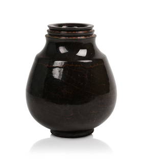 Marcel Guillard and Willy Wuilleumier Pottery Vase.: French Art Deco c. 1930, mottled brown glaze, signed "Marcel Guillard? and "Wuilleumier?. Height 7 inches.