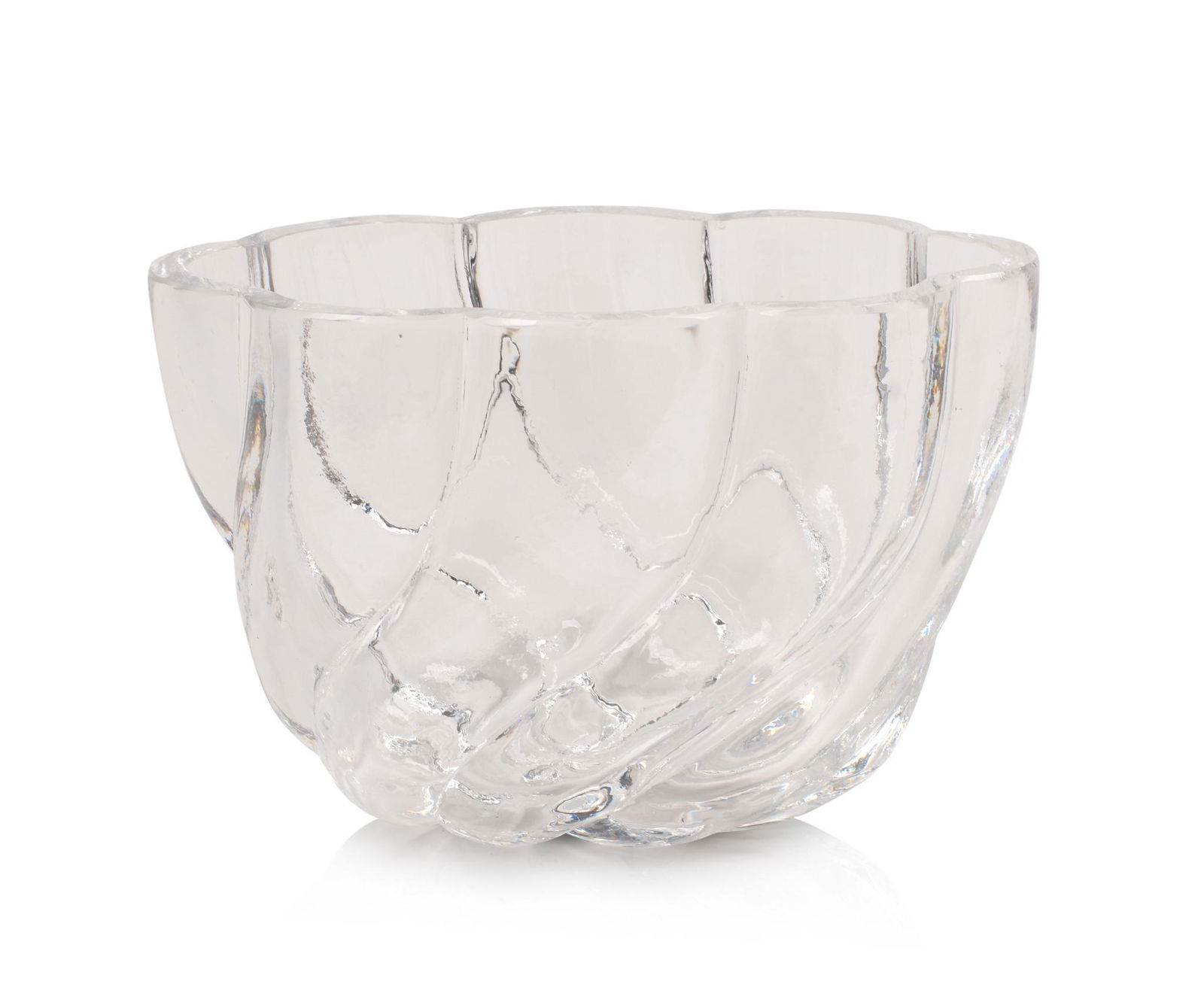 Steuben Crystal Bowl.: Swirl shape, inscribed ?Steuben" on the bottom. Height 5 1/8 inches.