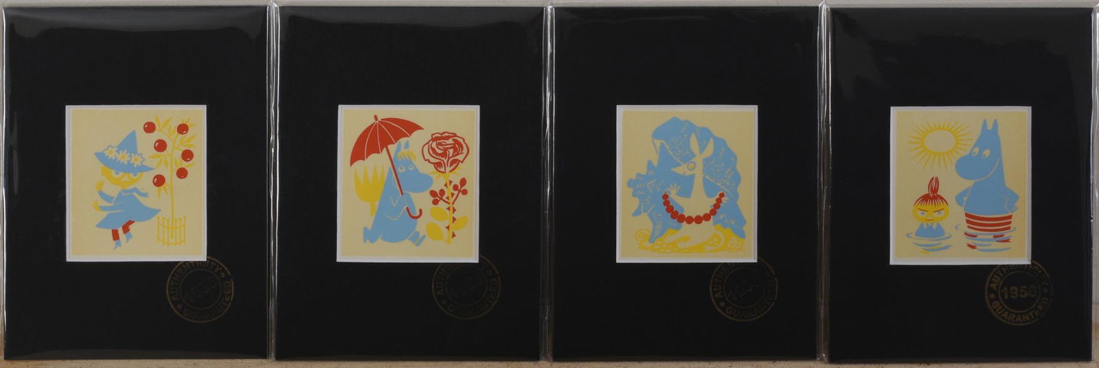 Original Tove Jansson Moomin Series Lithographs: These labels were exclusively printed for Stockmann luxury department store in Helsinki and NK Stockholm in 1956, to be used for the first commercial Moomin products. Printed by Kromipaino Helsinki, 1