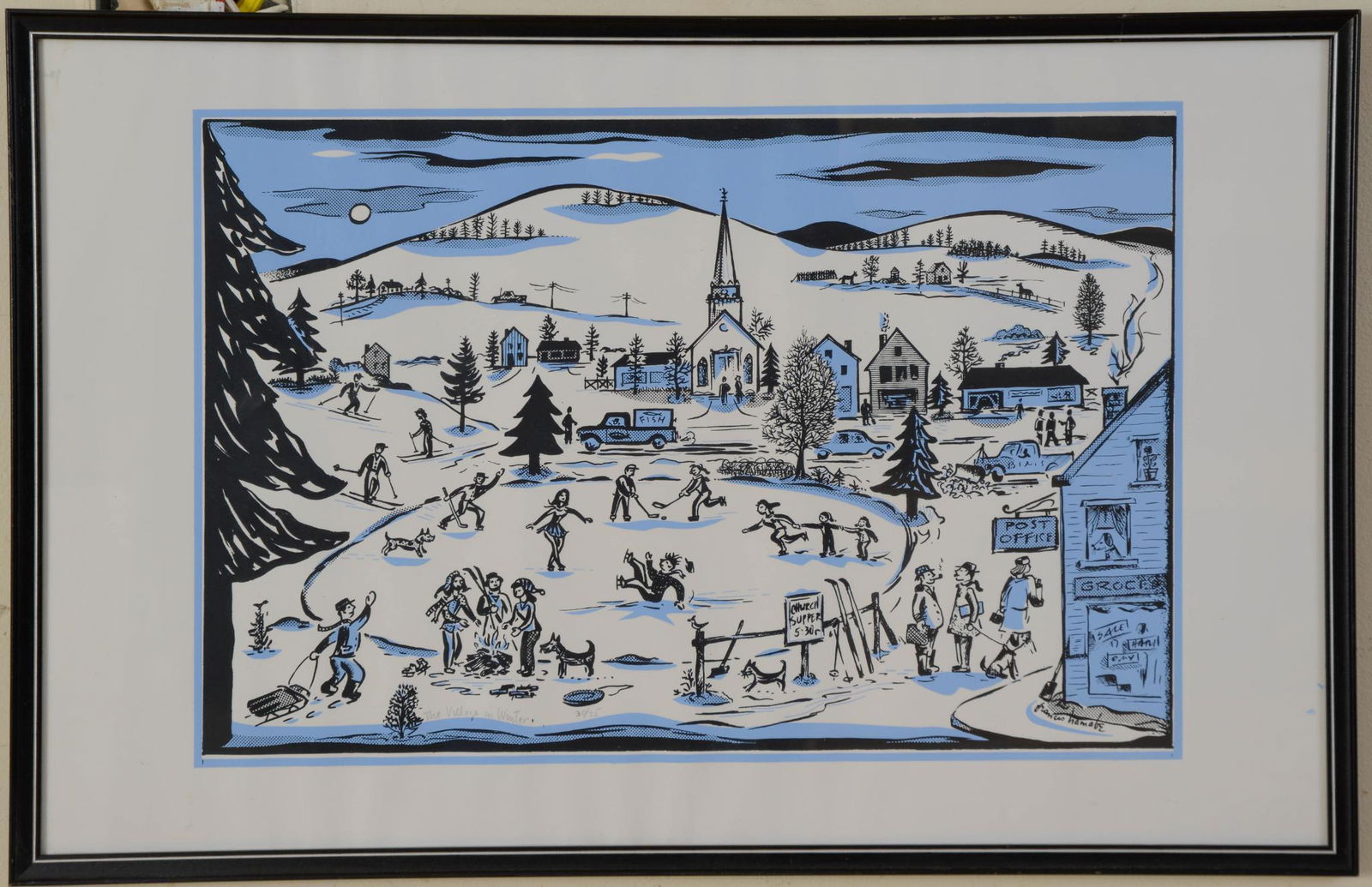 Francis Hamabe Screenprint Village in Winter. (1 of 4)