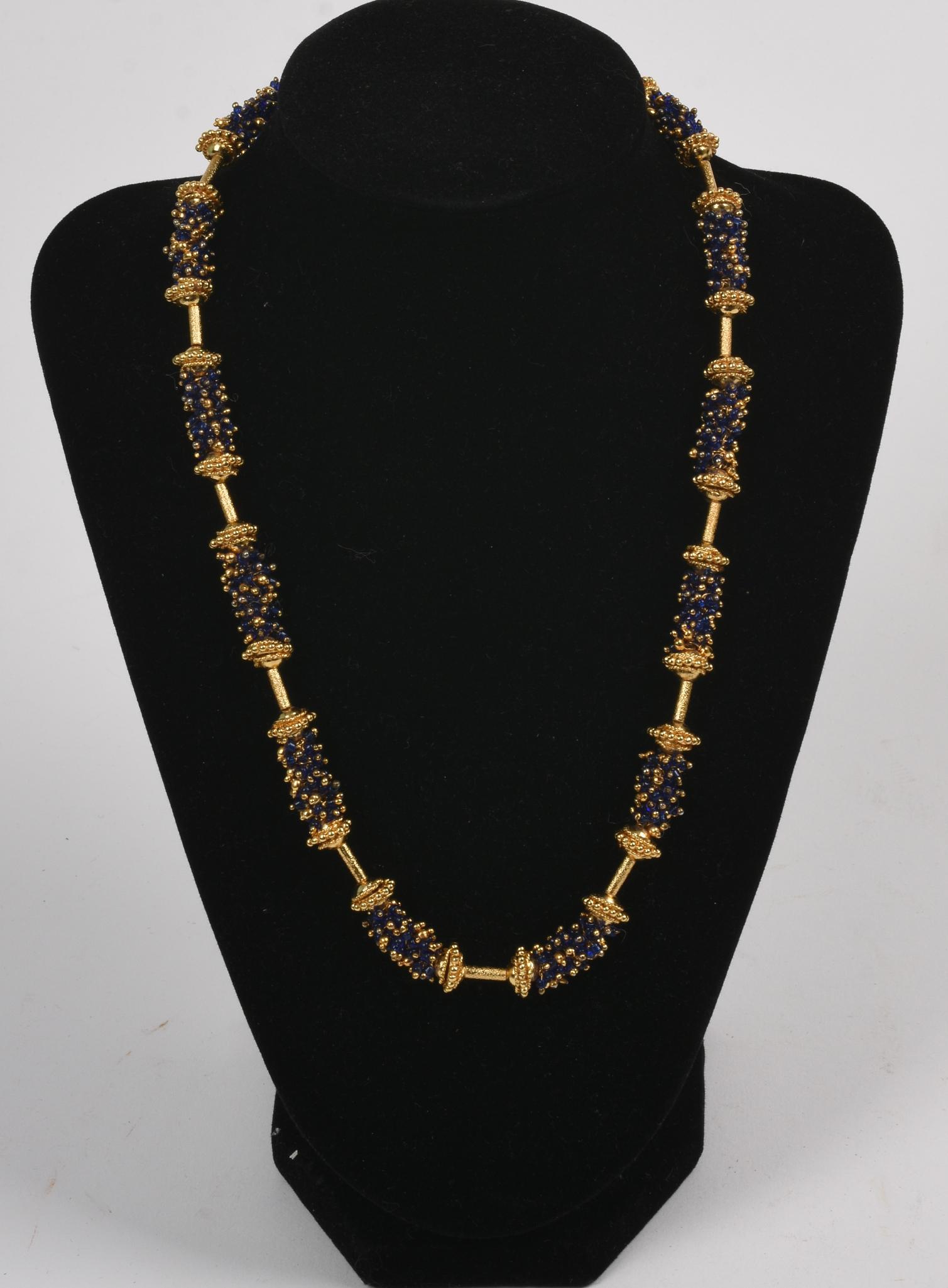 Bohemian Gold Tone and Blue Bead Necklace. (1 of 2)