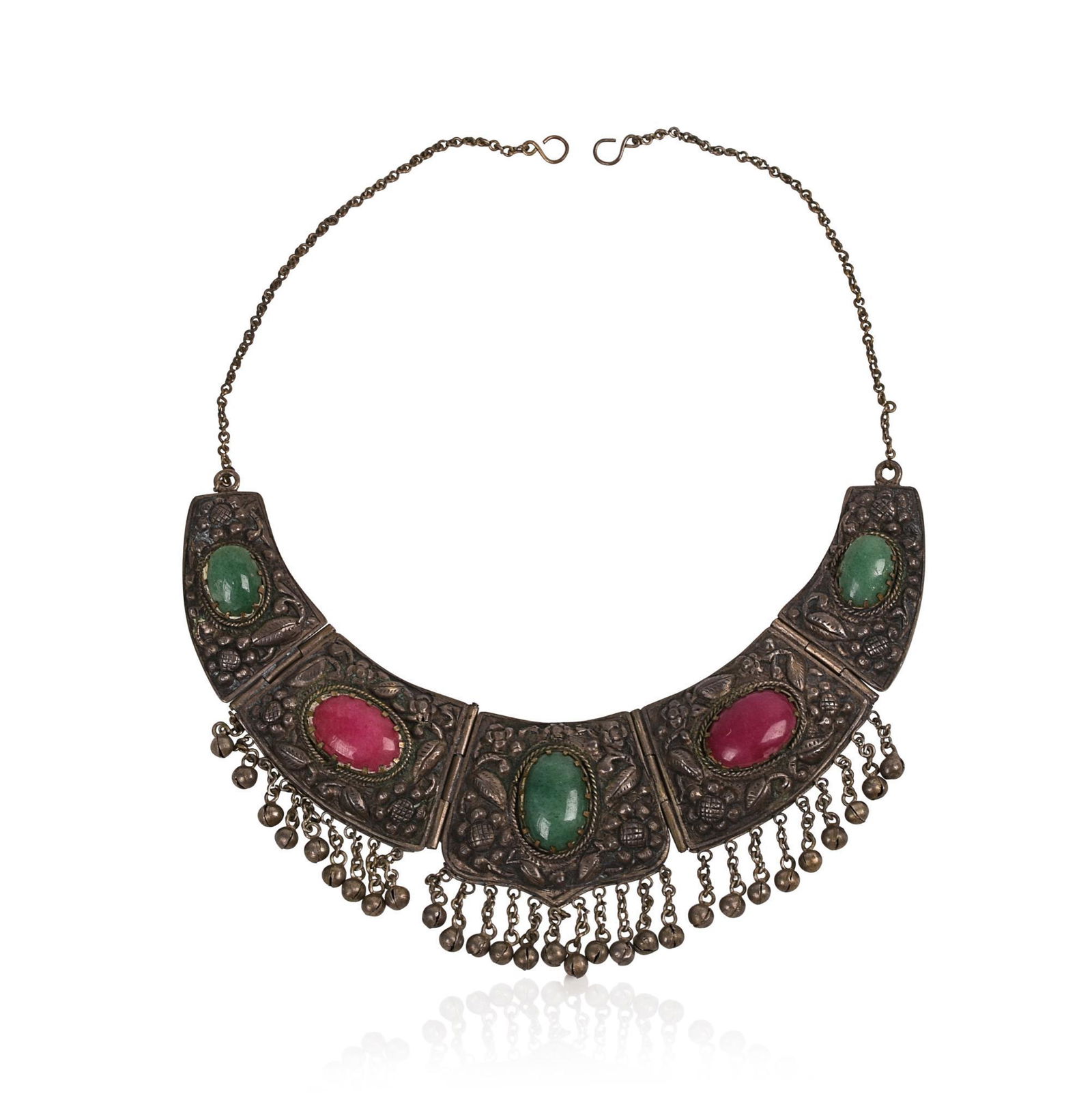 Chinese Repousse Silvered Metal and Hardstone Necklace (1 of 2)