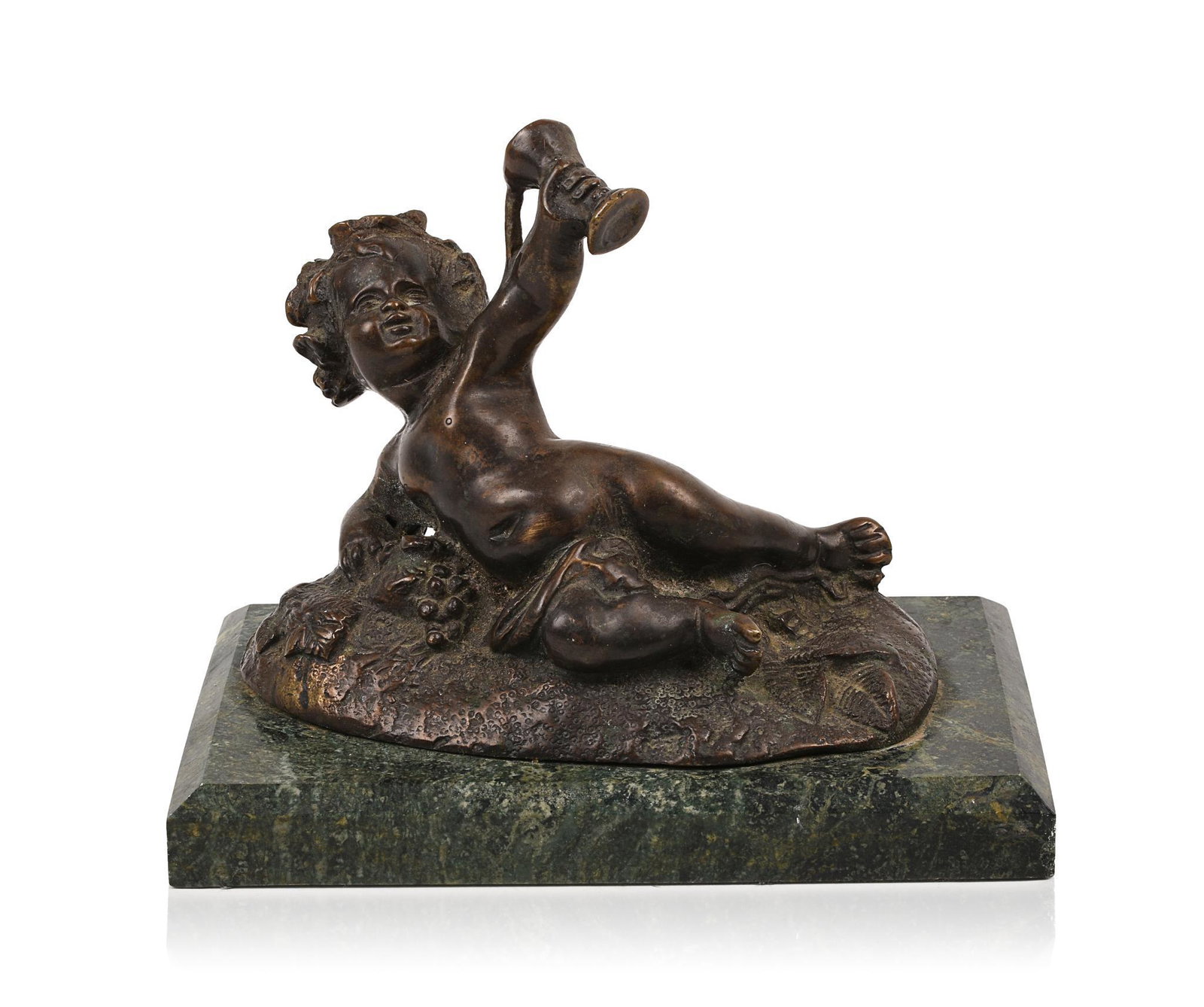 Cast Bronze Sculpture of a Cherub With Wine Goblet.: 19th century, possibly French. On a marble base, length 7 inches, height 6 inches.