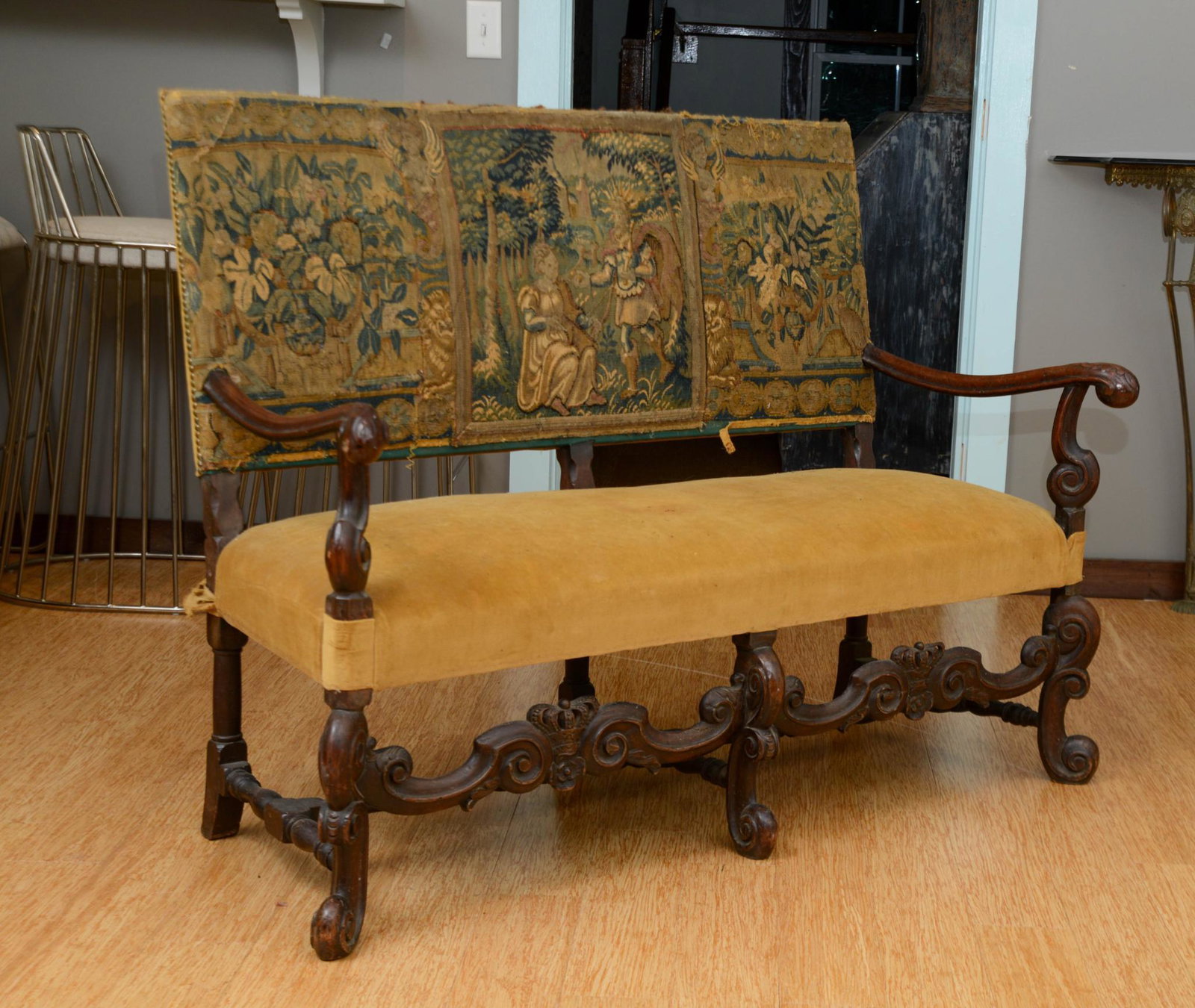 A Fine Baroque Period Carved Settee.: With an Aubusson verdue tapestry back featuring figures in a landscape. Includes custom fitted cover. Seat height 18 inches, overall height 41 inches, length 49 inches.