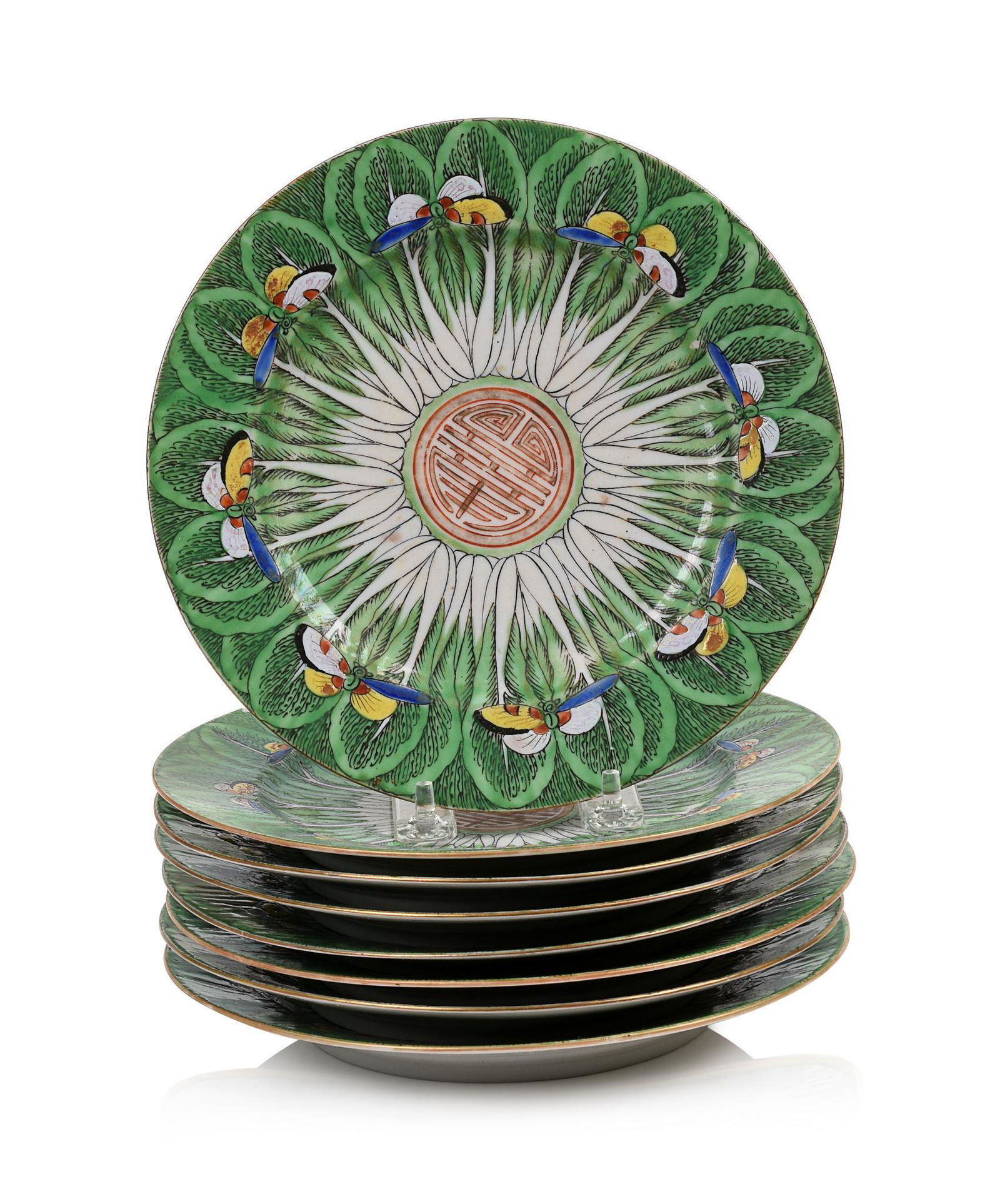 Eight Chinese Famille Rose Cabbage Leaf Plates. (1 of 3)