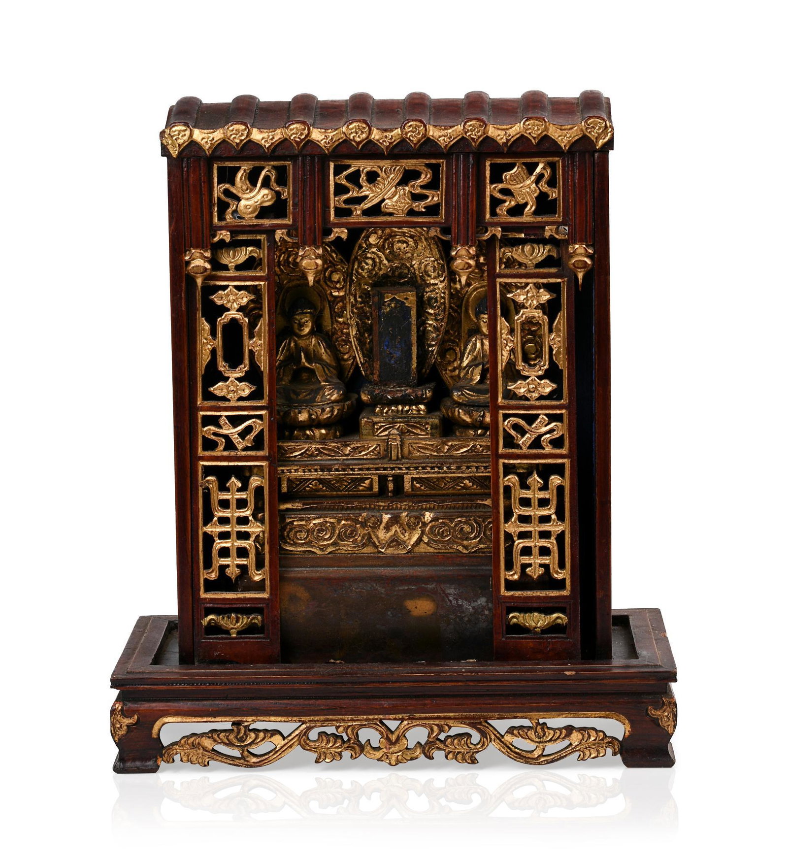 Gilded Carved and Lacquered Straits Chinese Wood Shrine: Buddhist, 19th c. Height 13 inches.