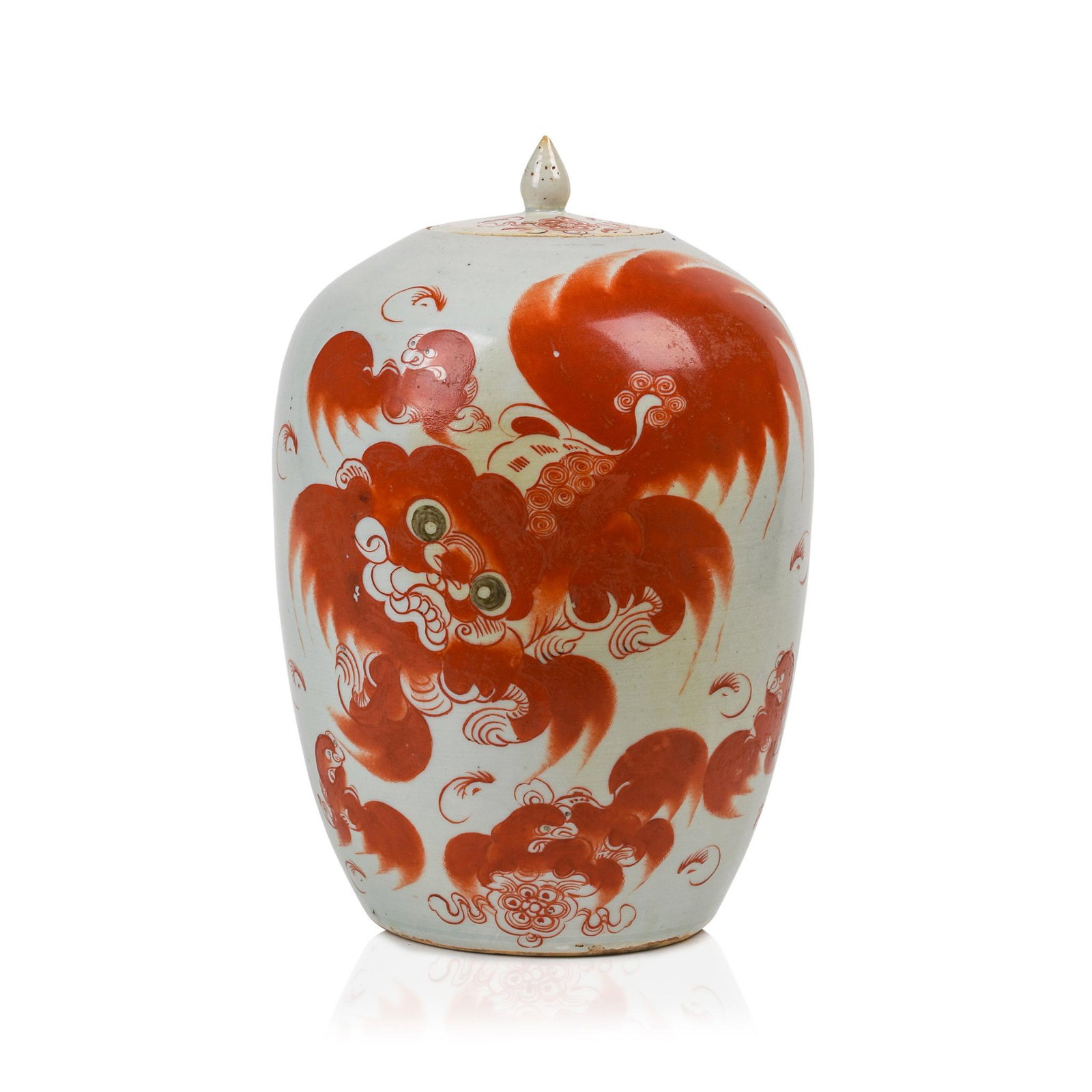 Large Chinese Famille Rose Covered Jar: Depicts multiple foo dogs in iron red, inscription, unknown seal mark, 19th c., lid a possible replacement. Overall height 13 inches.