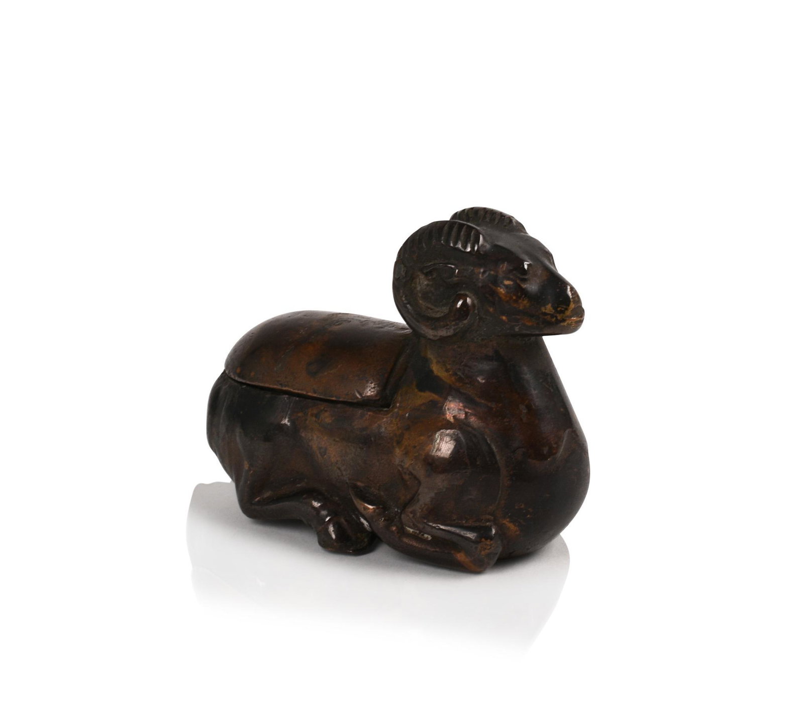 Chinese Bronze Recumbent Ram Traveling Candle Holder.: 19th/20th c. Length 3.75 inches.