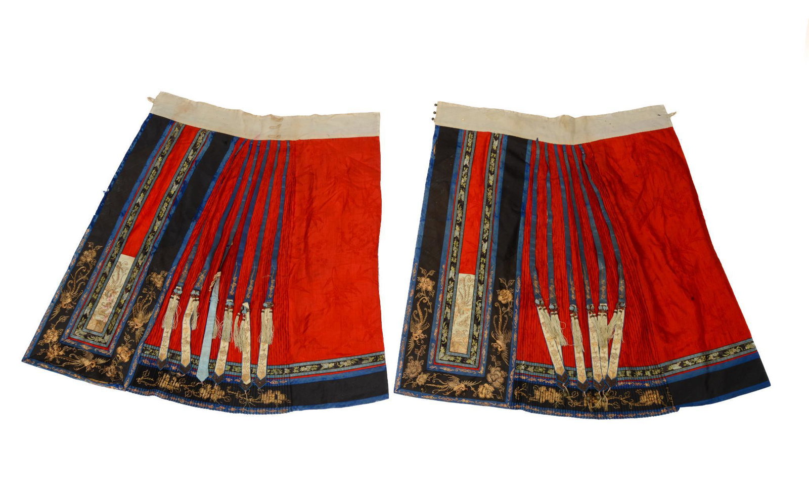 Chinese Embroidered Silk Skirt: Red silk with embroidered phoenix, late 19th c. Length 33 inches, Width of waist panel 26.5 inches.