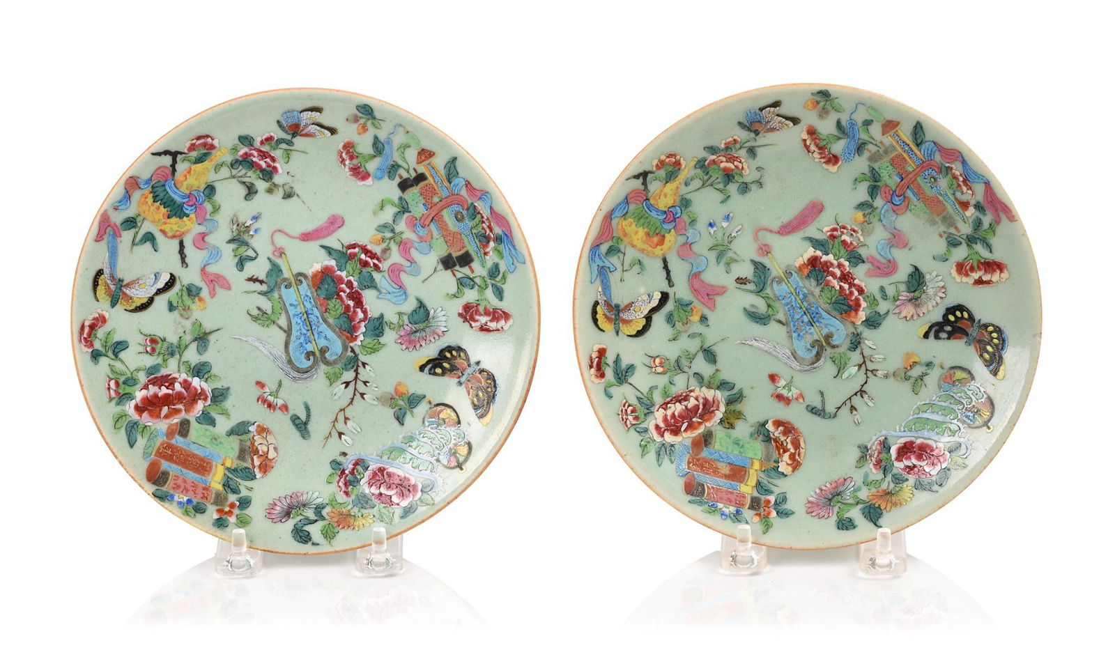 Pair of Chinese Celadon Ground Plates With Butterflies.: Diameter 7.5 inches, marked in underglaze blue. Excellent condition.