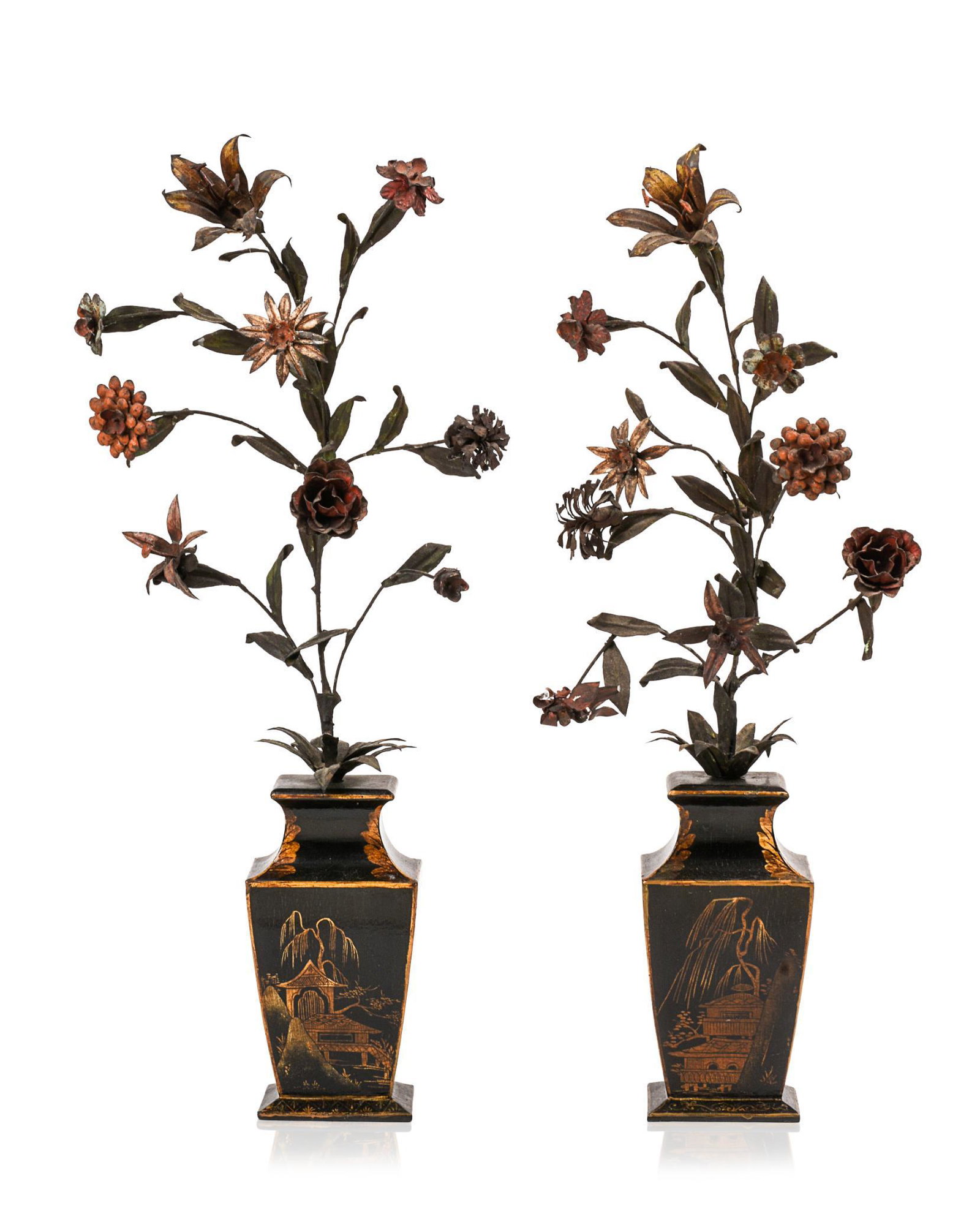 Pair of Chinese Black Lacquer and Tole Urns of Flowers.: Height 19 inches.