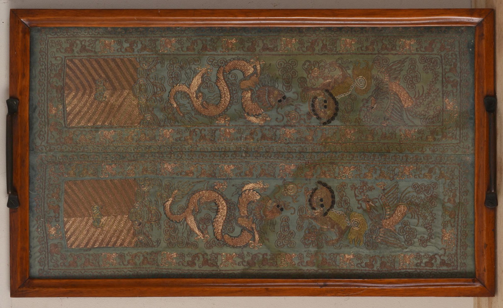 Chinese Gold Thread and Silk Embroidery Panel.: Fitted as a tray, 26 x 15.5 inches.