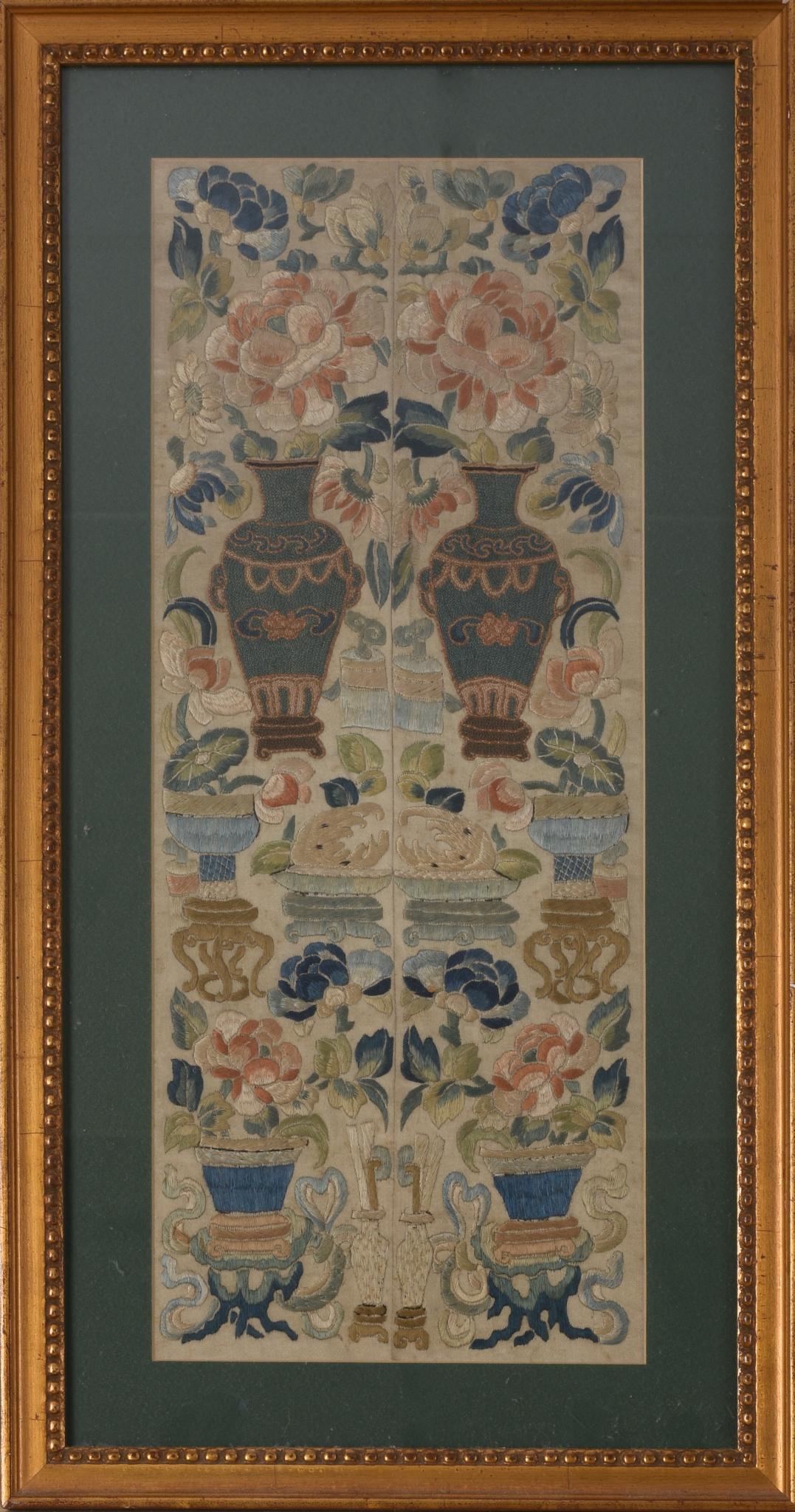 Chinese Silk Embroidery Panel With Urns of Flowers.: Framed, 24 x 12.5 inches.