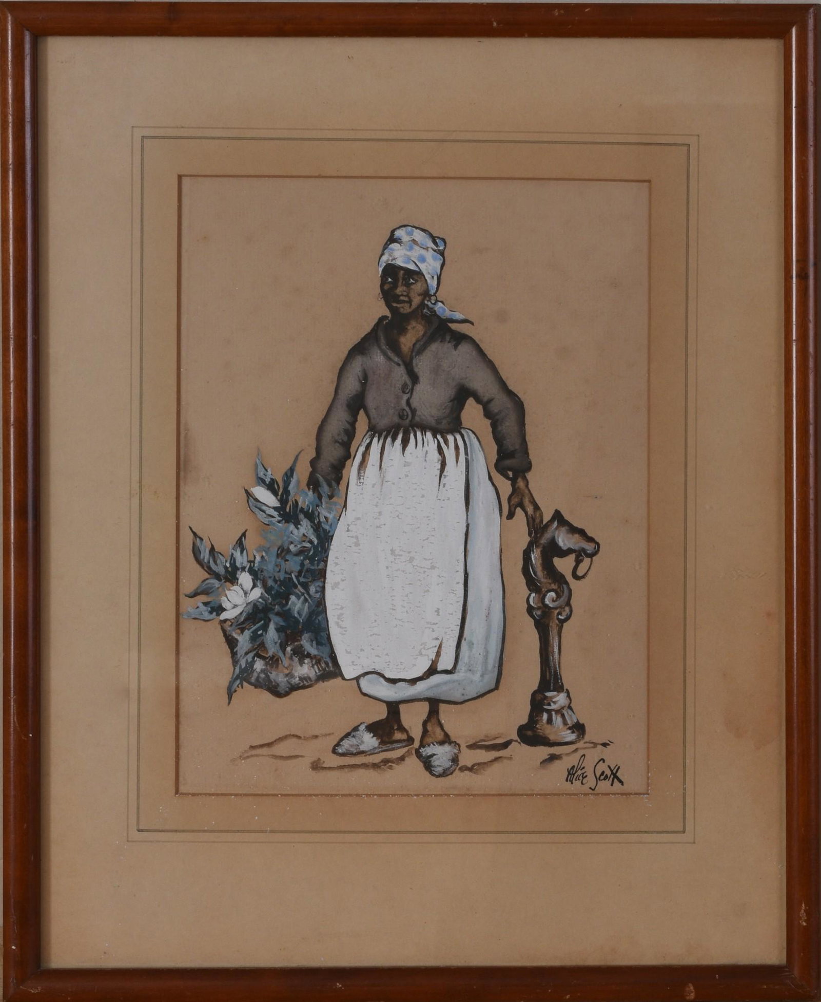 Alice (Scanland) Scott (1924-2005). Woman With Bag of Flowers.: Watercolor and gouache on paper mixed media, signed LR. 7 1/4 x 9 1/4 inches, sight Frame 12 1/4 x 15 1/4 inches.