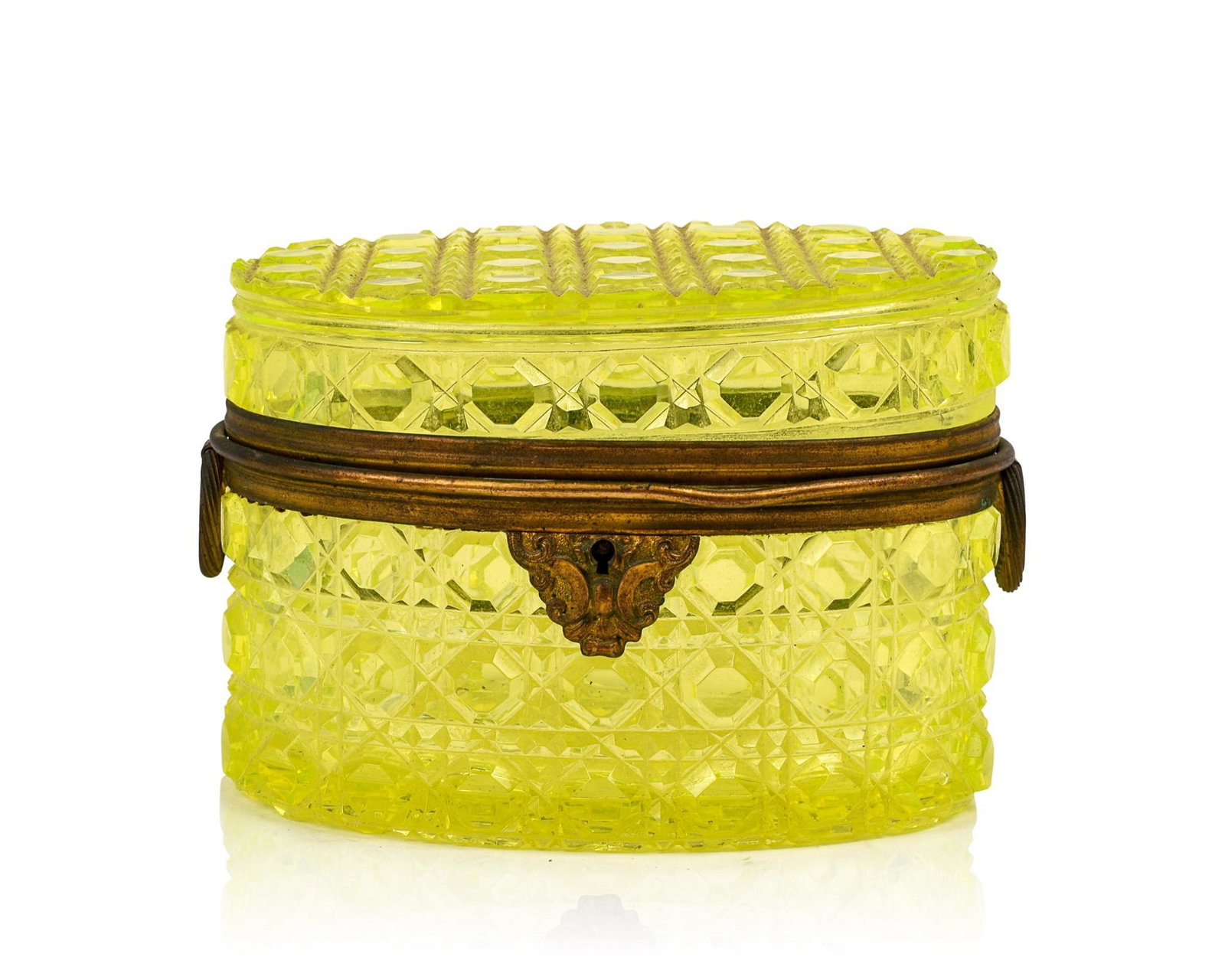 French Cut Vaseline Glass Jewelry Casket.: Gilt brass mounts with ring handles, 19th c., glass lid has separated from the brass mount and needs to be reattached. Height 4 inches, wdith 5 5/8 inches.