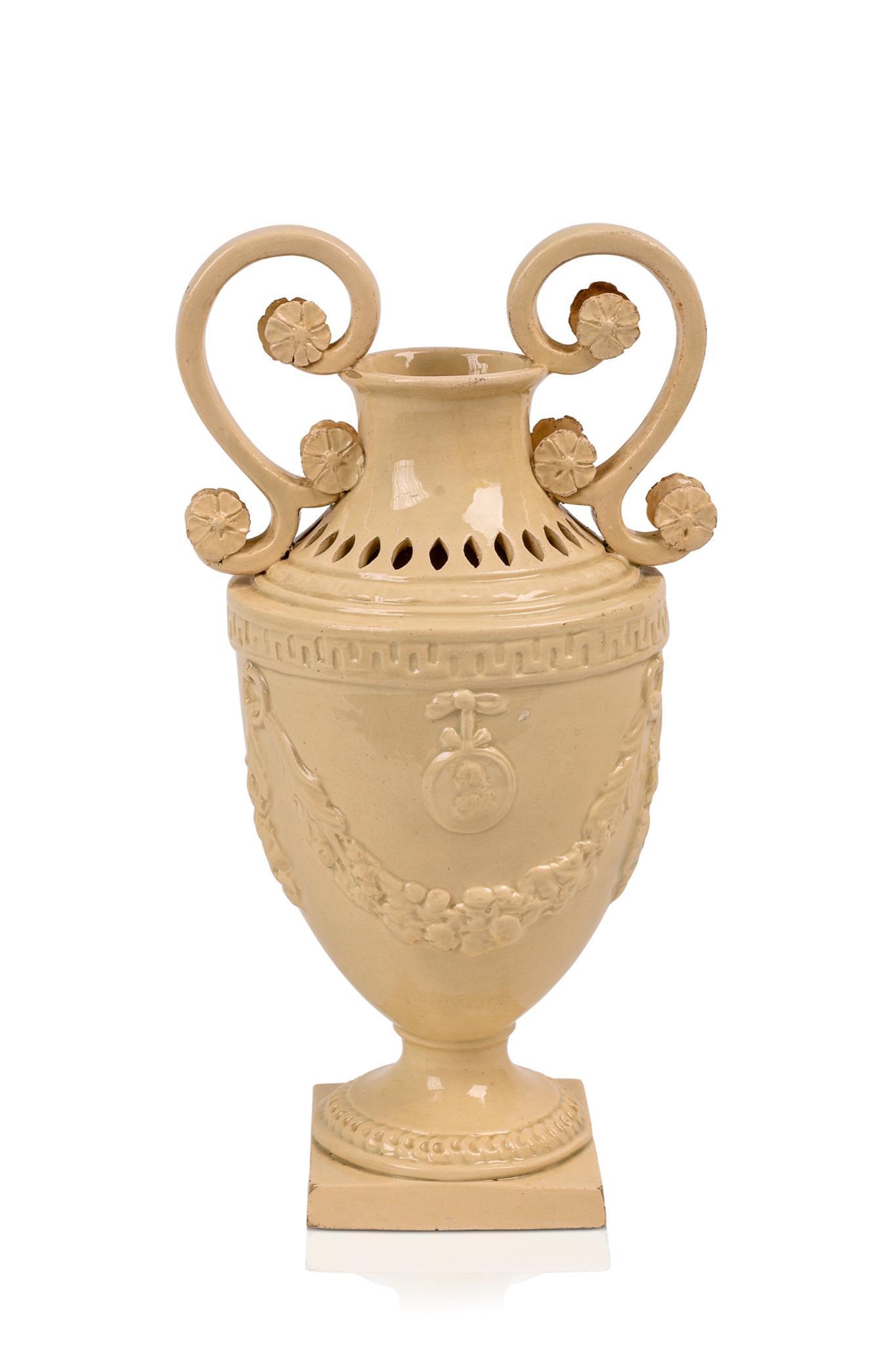 Italian Neapolitan Creamware Urn.: Neoclassical design, signed with crowned N mark, 19th c. Height 11 inches.