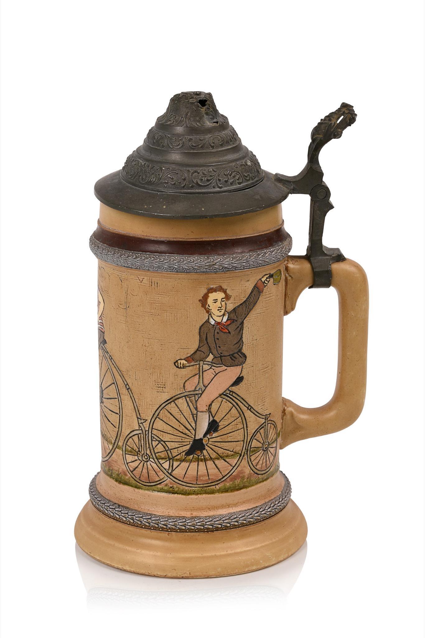 Hauber & Reuther Stoneware High-Wheel Bicyclers Stein. (1 of 5)