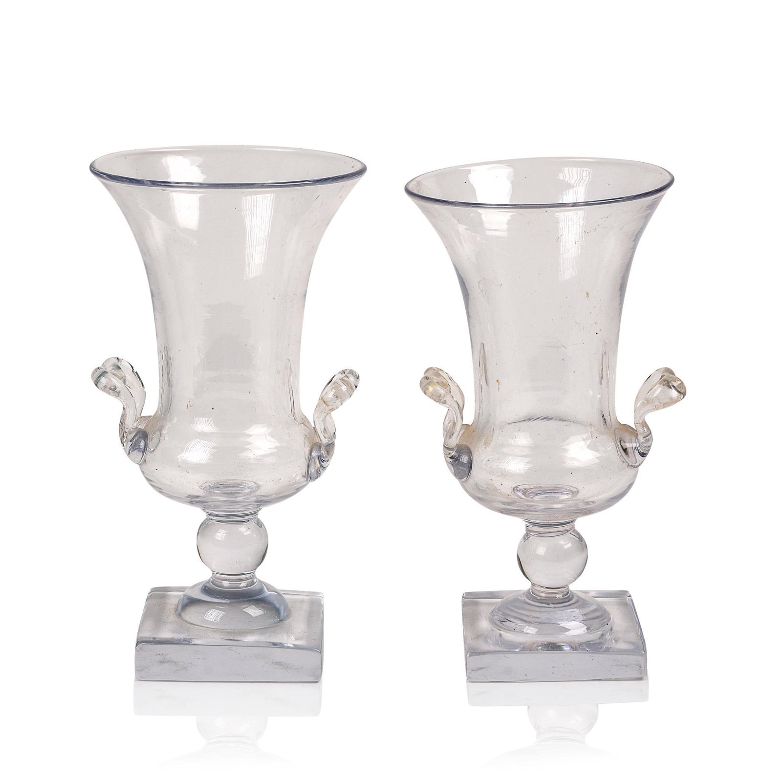 Pair of Blown Crystal Campagna Form Urns.: Height 8.25 inches.