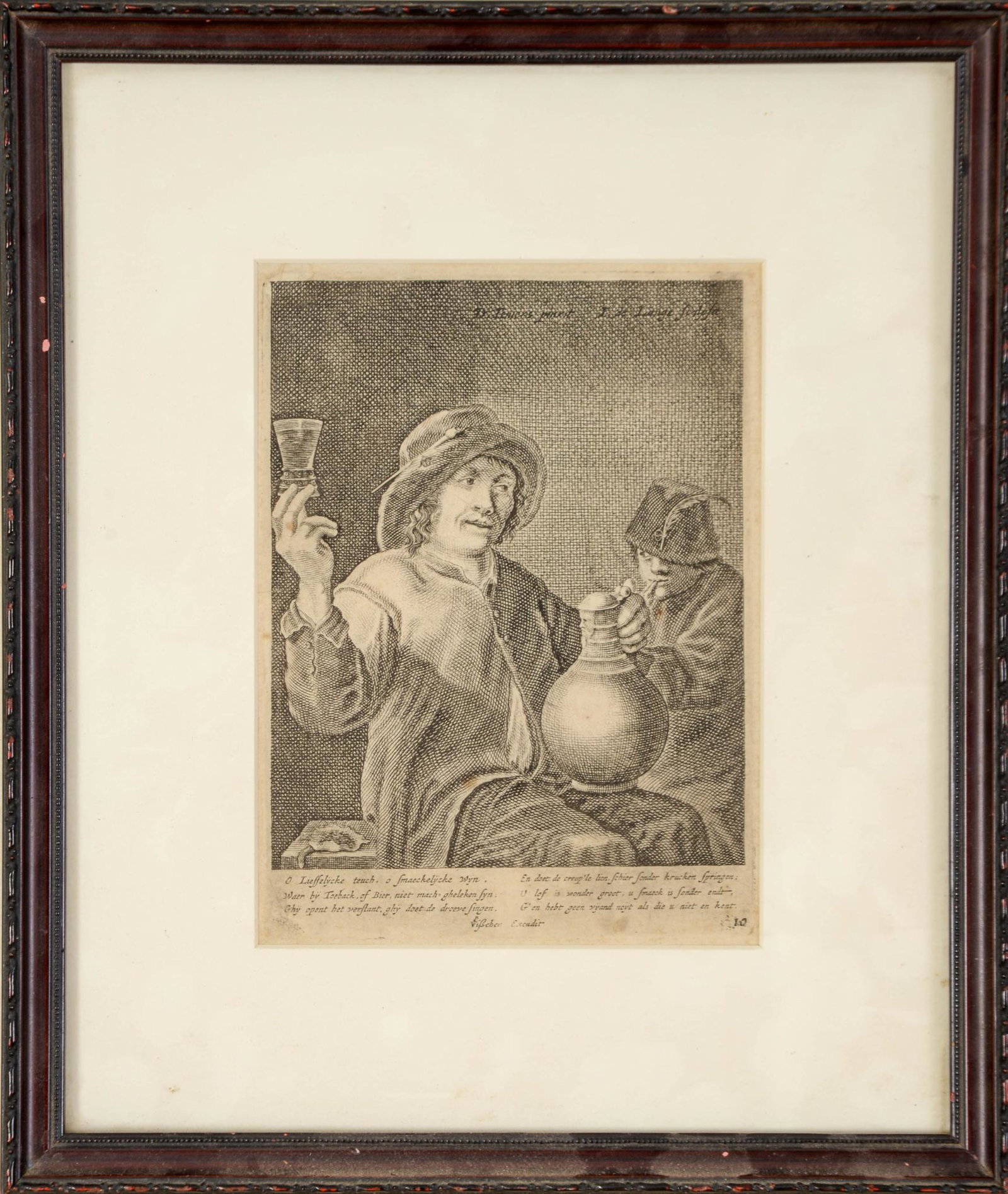 Etching After Claes Jansz. Visscher (1587-1660).: Depicting a man holding a wine glass, image 7 x 5.25 inches. Framed, 13 x 11 inches.