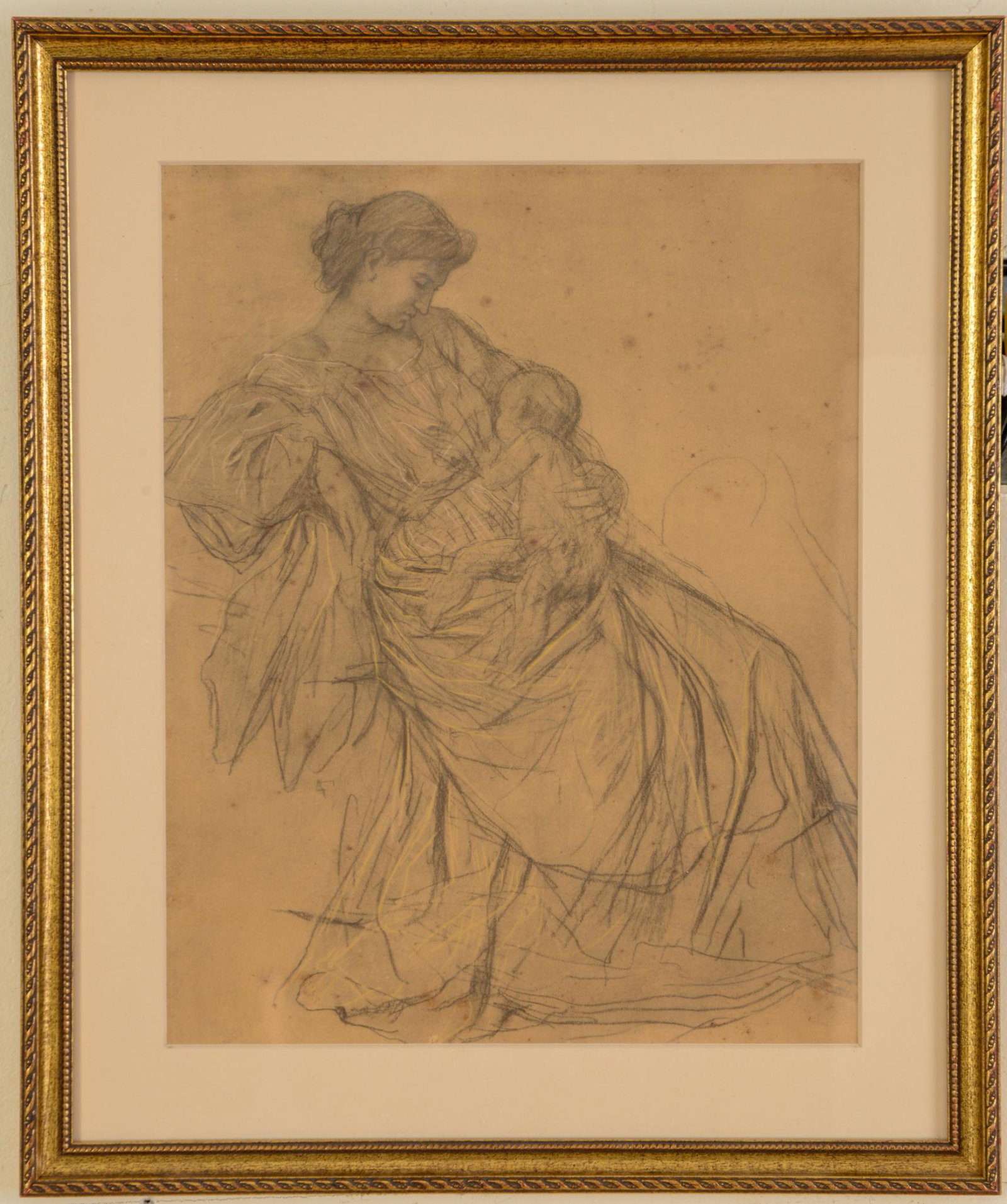 Charcoal Drawing of a Mother and Child.: Artist unknown, 19th century, 13 x 10 inches, sight. Framed, 17 x 14.5 inches.