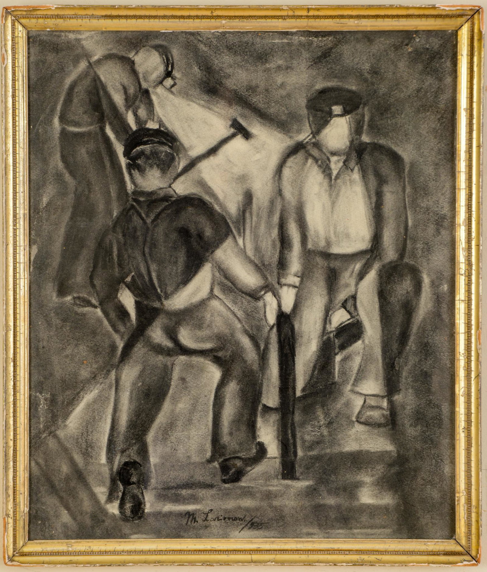 Mikhail Fyodorovich Larionov (1881 - 1964). Miners.: Charxcoal on paper, 21 x 17.5 inches, signed lower left. Framed.