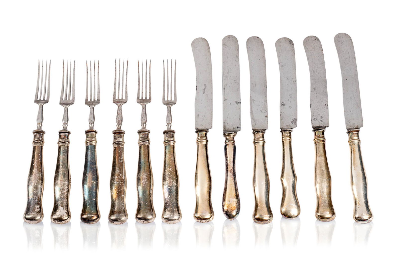 SET OF SIX SILVER HAFTED KNIVES AND FORKS. (1 of 2)