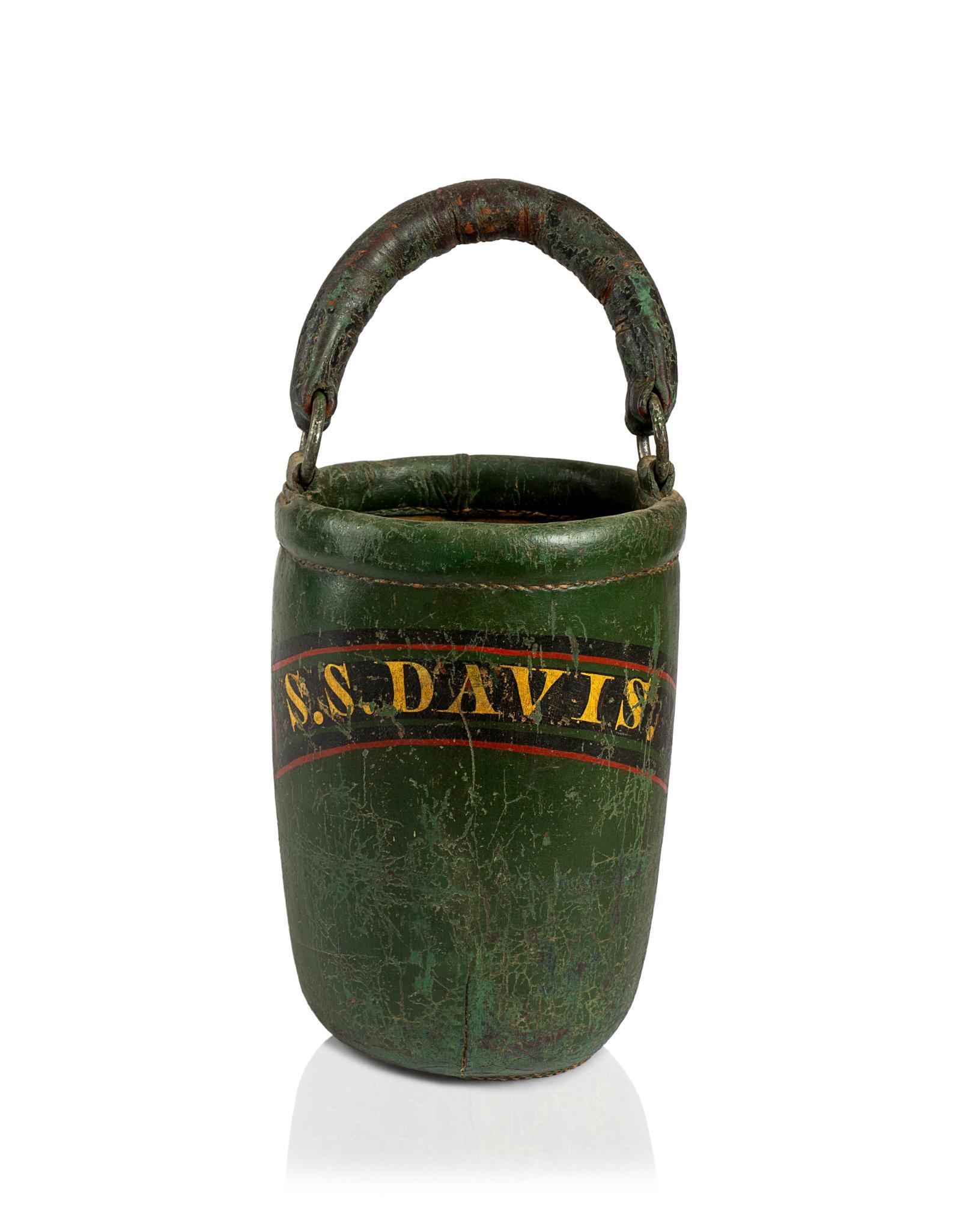 GREEN PAINTED LEATHER FIRE BUCKET. (1 of 2)