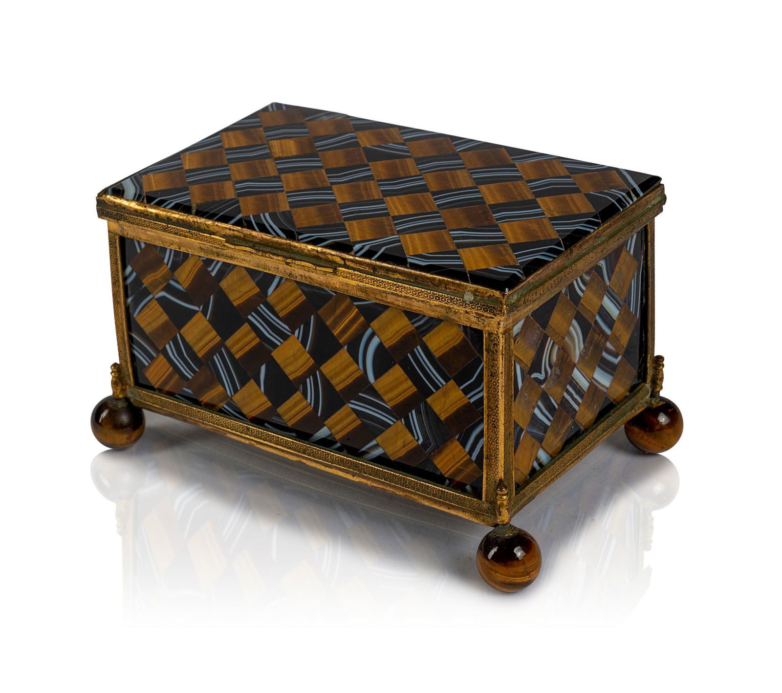 GILT BRASS AND TIGER EYE BOW TIE AGATE JEWELRY BOX ON BALL FEET. (1 of 4)